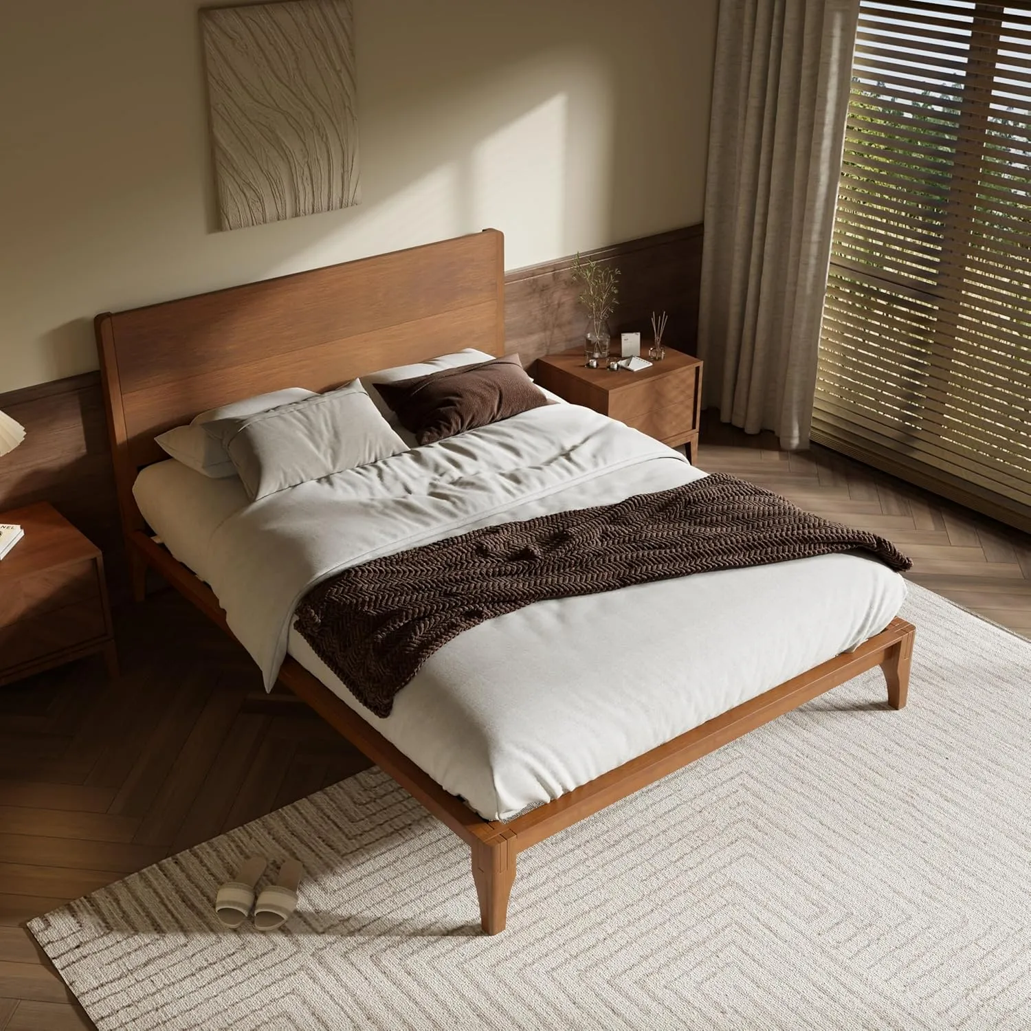 Merax Full Size Bamboo Platform Bed, Mid-Century Modern Bed Frame with Tall Headboard, Wood Slat Support, No Box Spring Needed, Easy Assembly, Brown