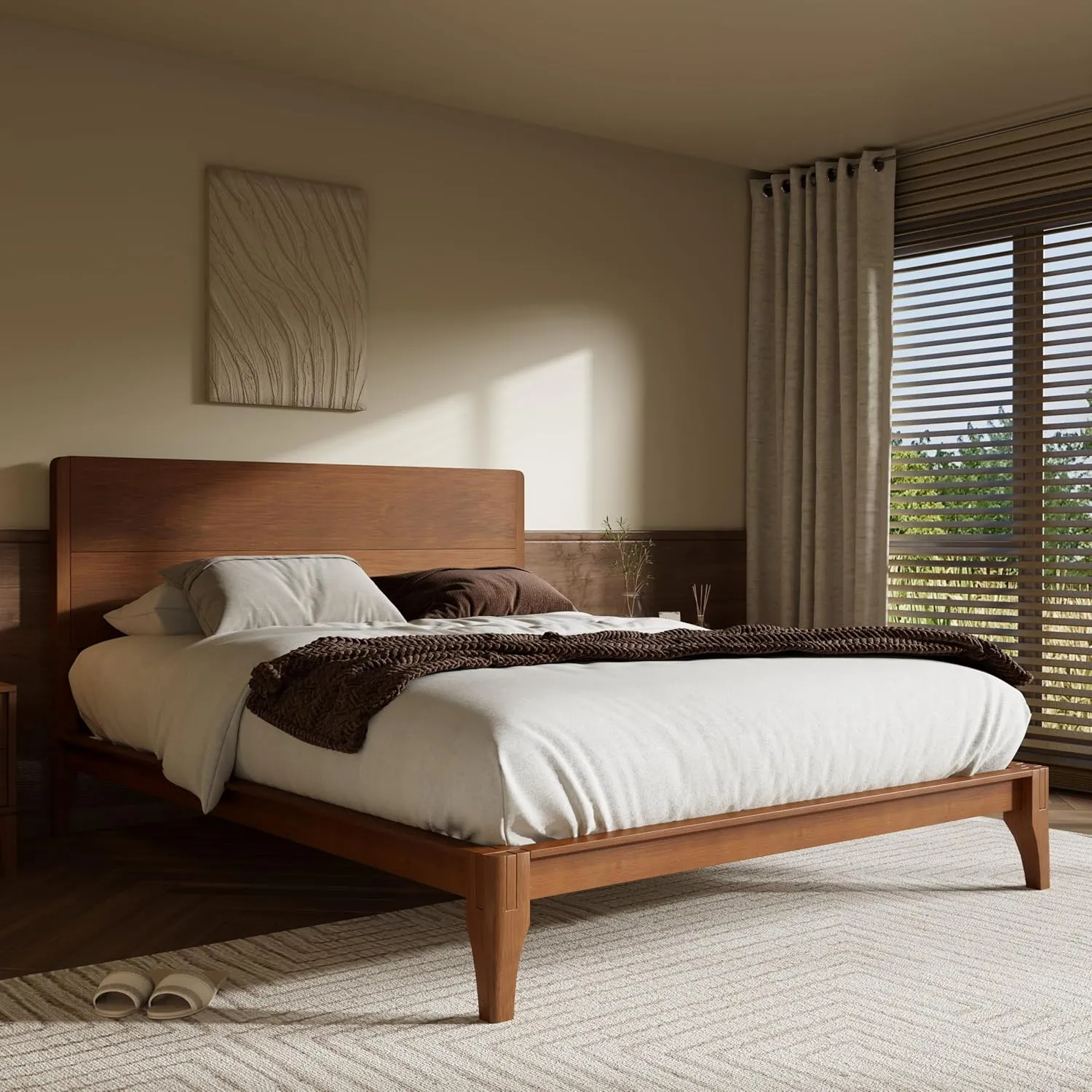 Merax Full Size Bamboo Platform Bed, Mid-Century Modern Bed Frame with Tall Headboard, Wood Slat Support, No Box Spring Needed, Easy Assembly, Brown
