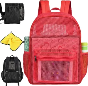 Mesh Beach Backpacks,Mesh Backpack with Inner Compartment,Heavy Duty Transparent Bookbag with Adjustable Shoulder Straps (Red, 43x15x32cm/16.93x5.91x12.6in)