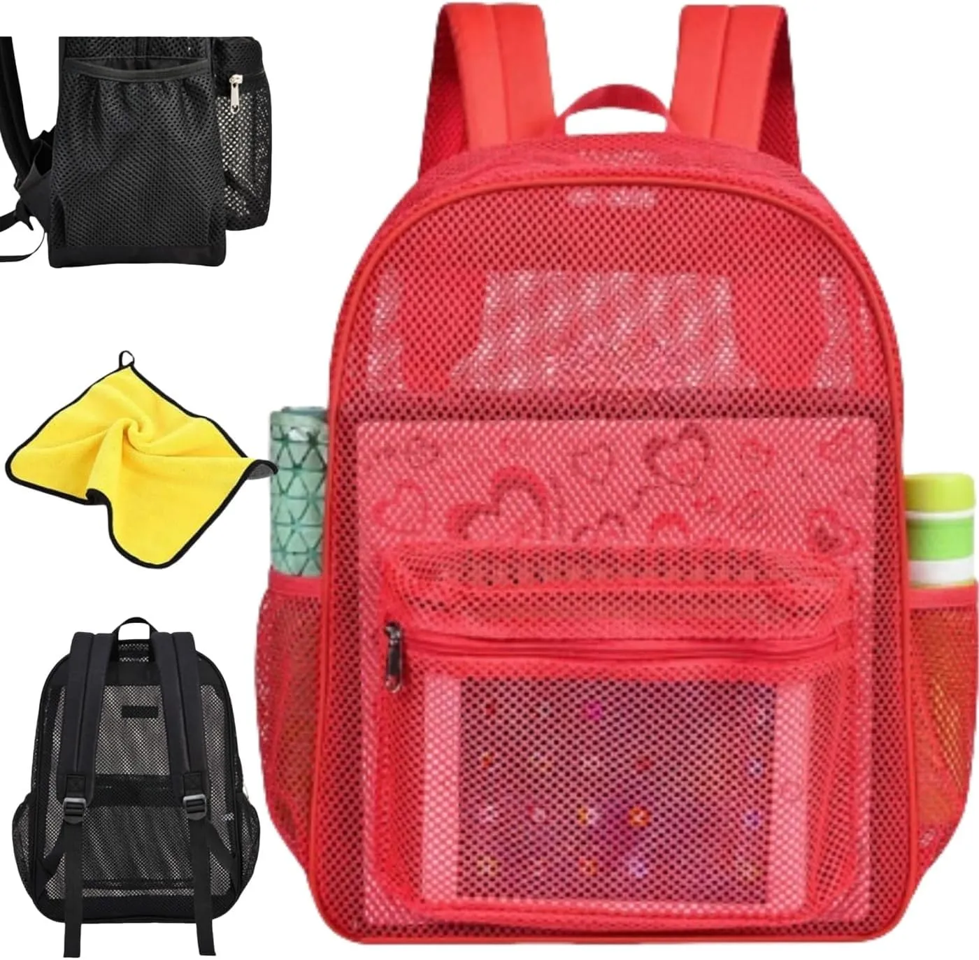 Mesh Beach Backpacks,Mesh Backpack with Inner Compartment,Heavy Duty Transparent Bookbag with Adjustable Shoulder Straps (Red, 43x15x32cm/16.93x5.91x12.6in)