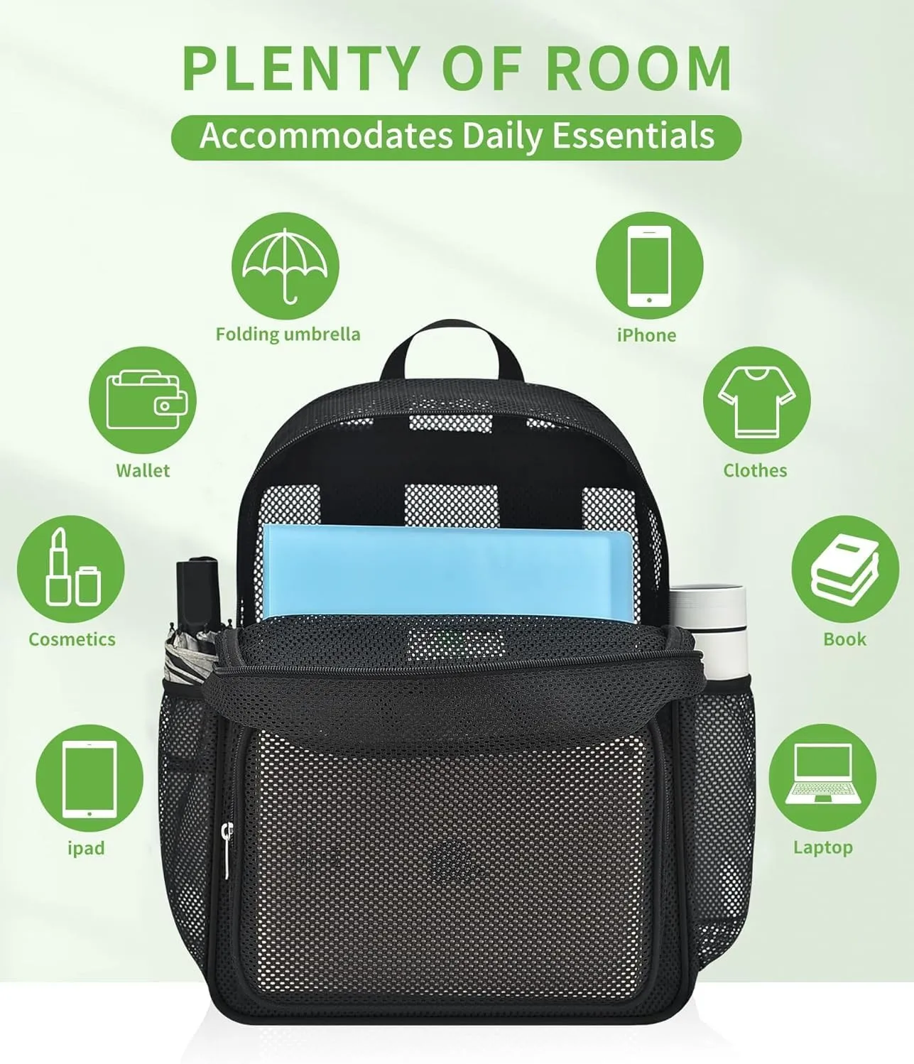 Mesh Beach Backpacks,Mesh Backpack with Inner Compartment,Heavy Duty Transparent Bookbag with Adjustable Shoulder Straps (Red, 43x15x32cm/16.93x5.91x12.6in)