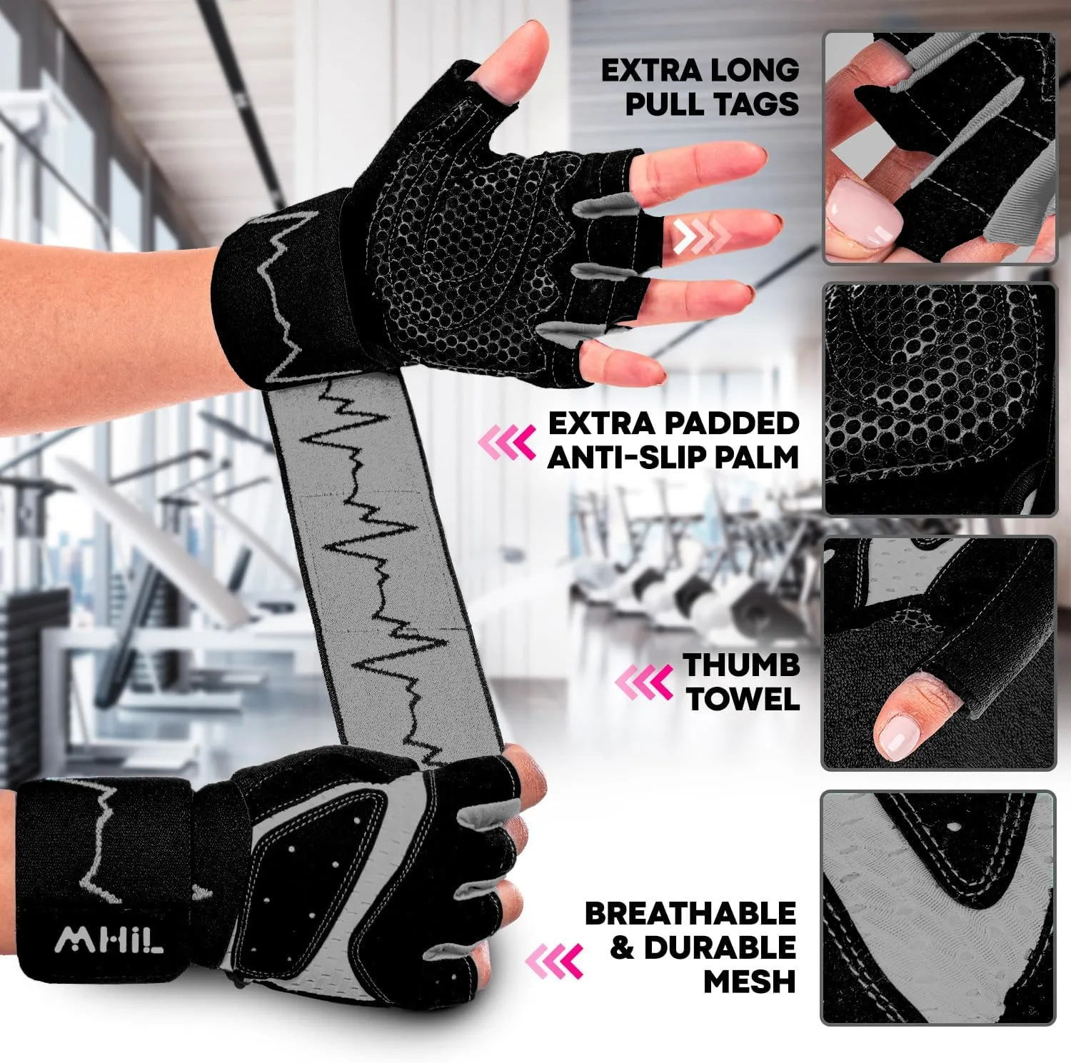 MhIL Workout Gloves for Women – Comfortable Gym Gloves for Women with Hand Protection and Enhanced Grip – Weight Lifting Glove for Womens with Wrist Wraps Support for Safety, Hygiene and Style