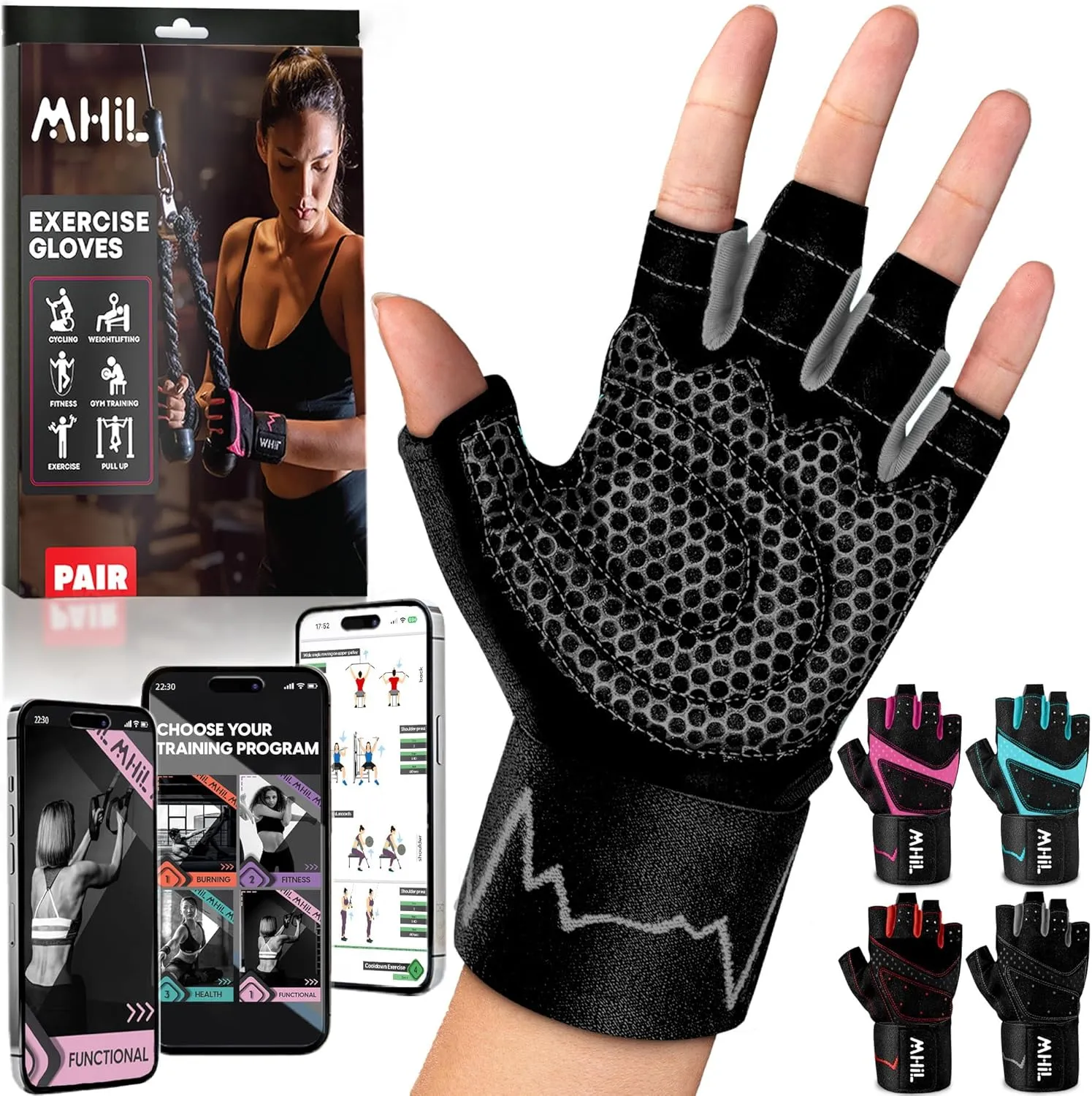 MhIL Workout Gloves for Women – Comfortable Gym Gloves for Women with Hand Protection and Enhanced Grip – Weight Lifting Glove for Womens with Wrist Wraps Support for Safety, Hygiene and Style