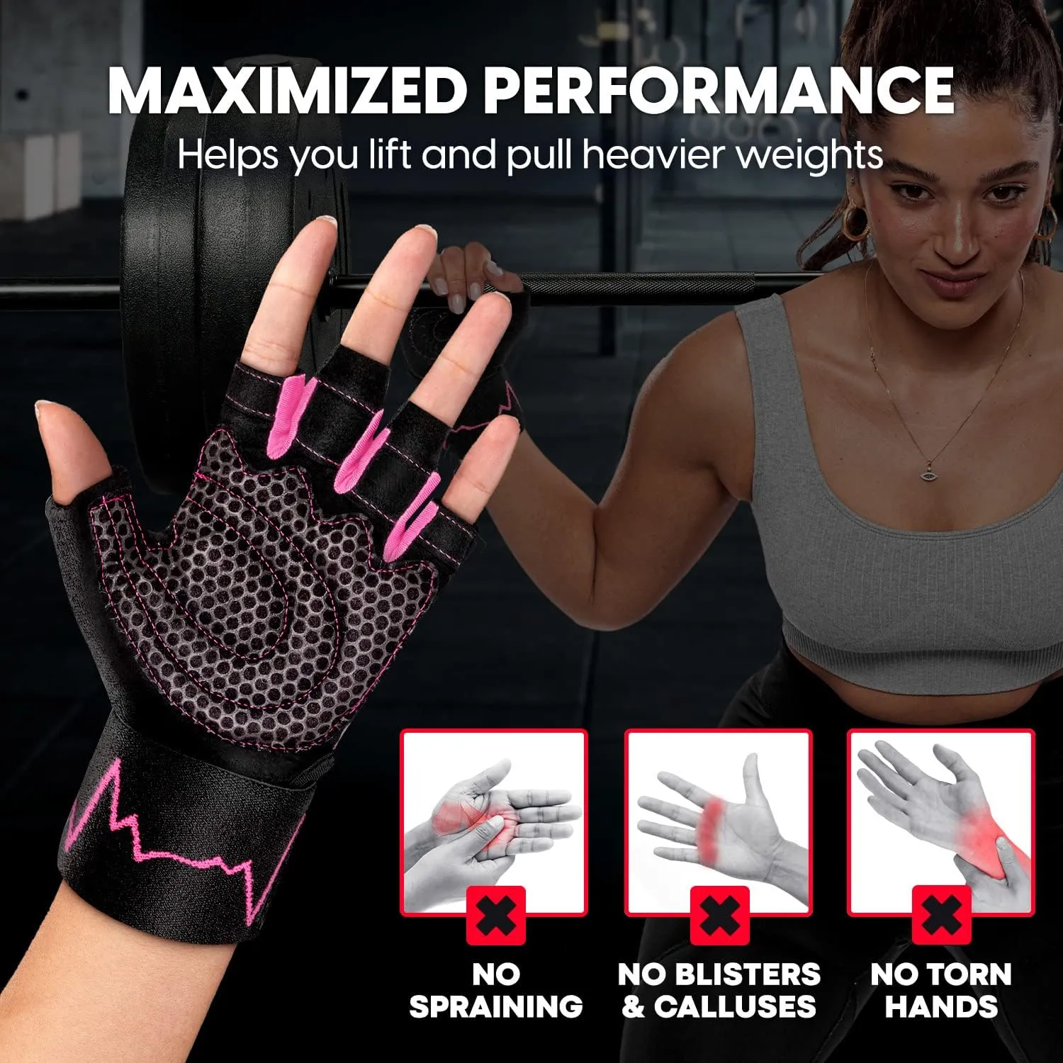 MhIL Workout Gloves for Women – Comfortable Gym Gloves for Women with Hand Protection and Enhanced Grip – Weight Lifting Glove for Womens with Wrist Wraps Support for Safety, Hygiene and Style