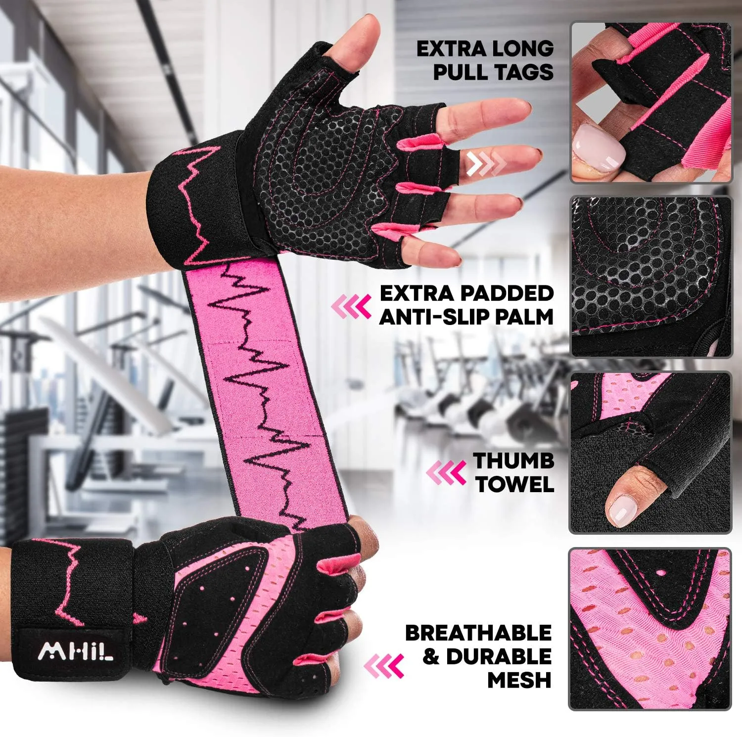 MhIL Workout Gloves for Women – Comfortable Gym Gloves for Women with Hand Protection and Enhanced Grip – Weight Lifting Glove for Womens with Wrist Wraps Support for Safety, Hygiene and Style