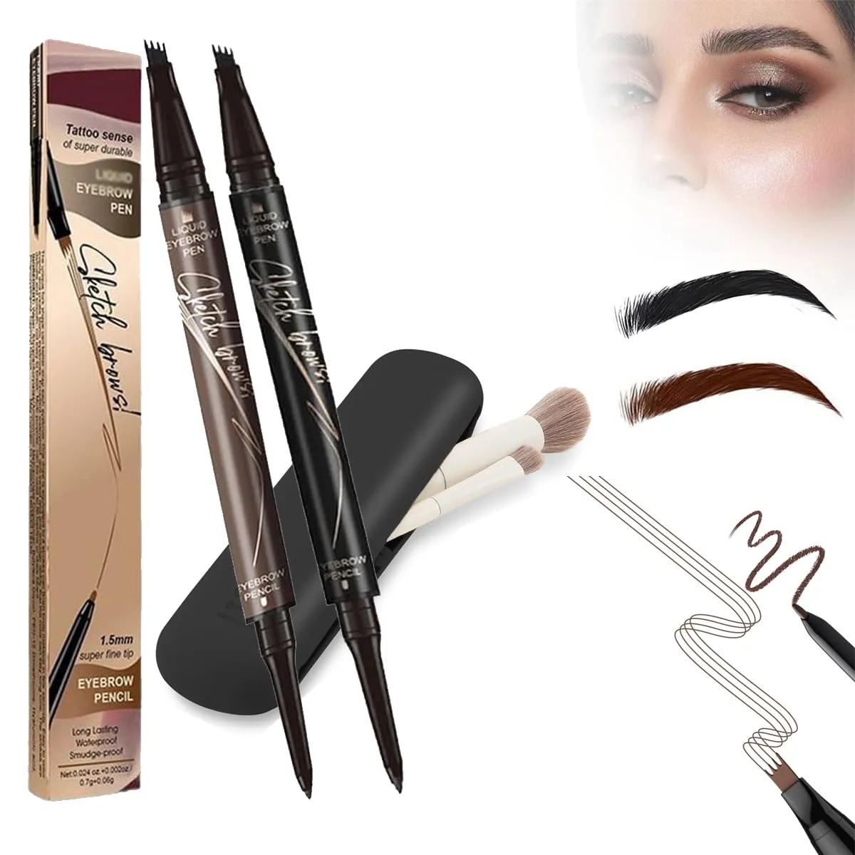 Microblading Eyebrow Pen & Pencil - Dark Brown, 2 in 1 Magic Makeup Brow Pencil & Brush, 3D & Waterproof, Long-Lasting Natural Eyebrow Brush (Black   Brown)