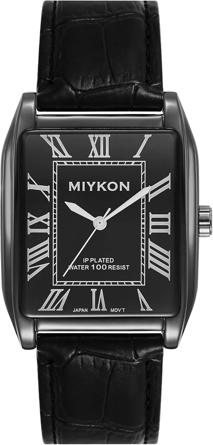 Miykon Vintage Watches for Men - Tank Square Analog Watch with Genuine Leather Wrist Strap for Classic Dress - Ion Polished, Scratch Resistant Glass, Japanese Quartz, Waterproof to 100ft
