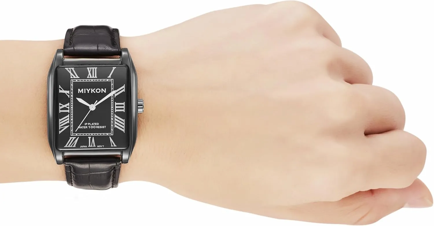 Miykon Vintage Watches for Men - Tank Square Analog Watch with Genuine Leather Wrist Strap for Classic Dress - Ion Polished, Scratch Resistant Glass, Japanese Quartz, Waterproof to 100ft