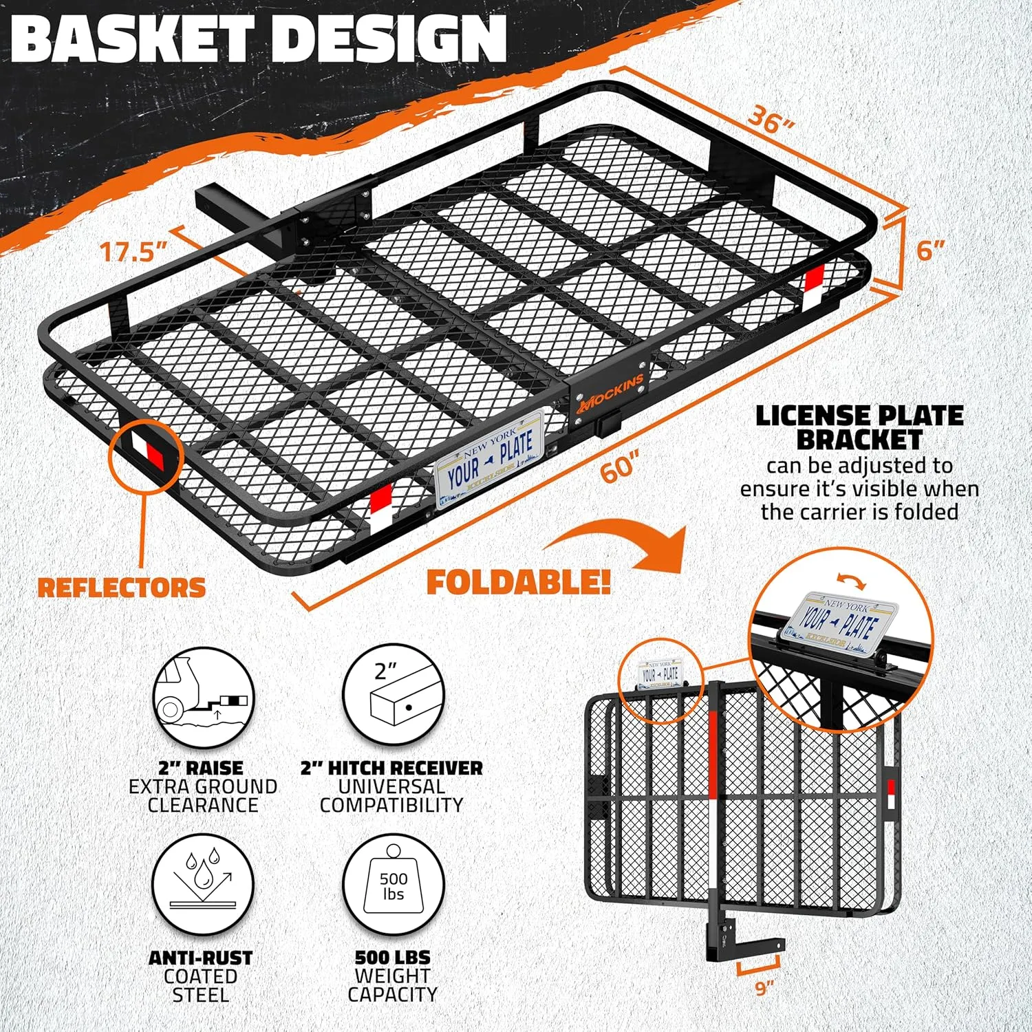 Mockins 60"x36"x6" XL Trailer Hitch Cargo Carrier & 35 Cu Ft Hitch Cargo Carrier Bag | 500 Lbs. Capacity Folding Luggage Rack for SUV, Car & Truck | Waterproof Truck Bed Storage Bag with Accessories