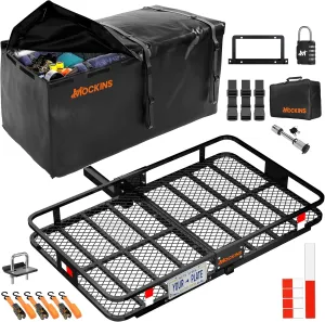 Mockins 60"x36"x6" XL Trailer Hitch Cargo Carrier & 35 Cu Ft Hitch Cargo Carrier Bag | 500 Lbs. Capacity Folding Luggage Rack for SUV, Car & Truck | Waterproof Truck Bed Storage Bag with Accessories