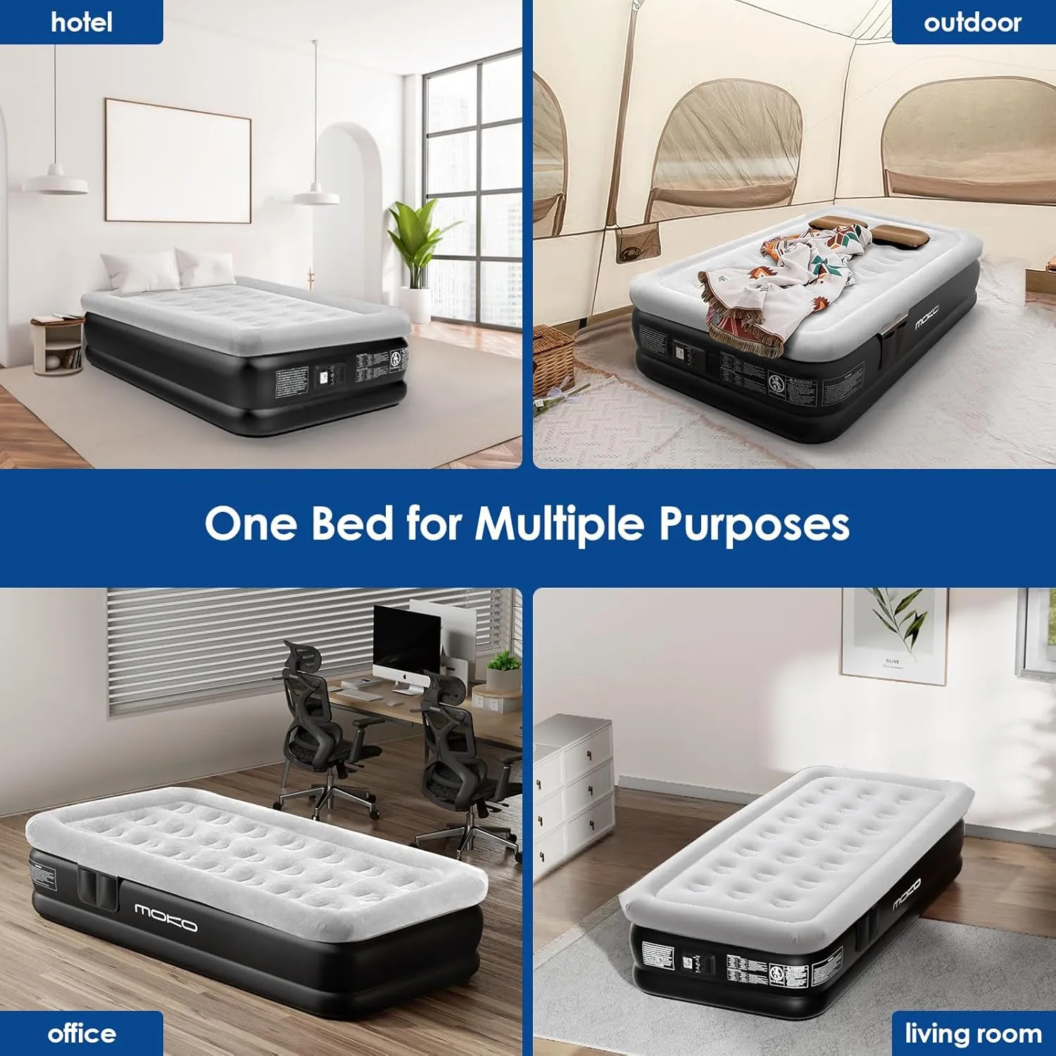 MoKo Twin Air Mattress with Built in Pump, 18'' Luxury Inflatable Mattress, 2 Min Fast Blow up Mattress with Dual-Chamber, Comfort Top - Velvety Air Bed for Home, Camping, Travel, Guests, Black/Gray