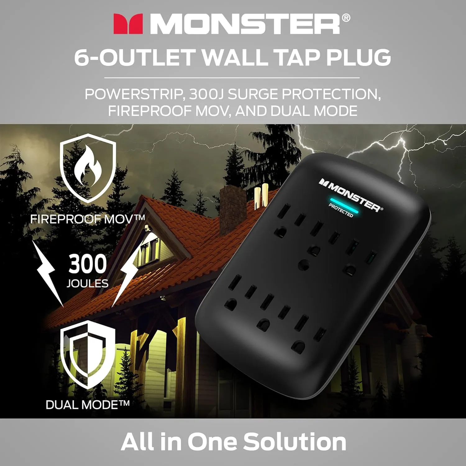 Monster Wall Tap Plug 6-Outlet Extender with Outlet Surge Protector for Home, Travel, Office, Home Appliances, Computers, and Smart Phone Devices – 300J and ETL Listed