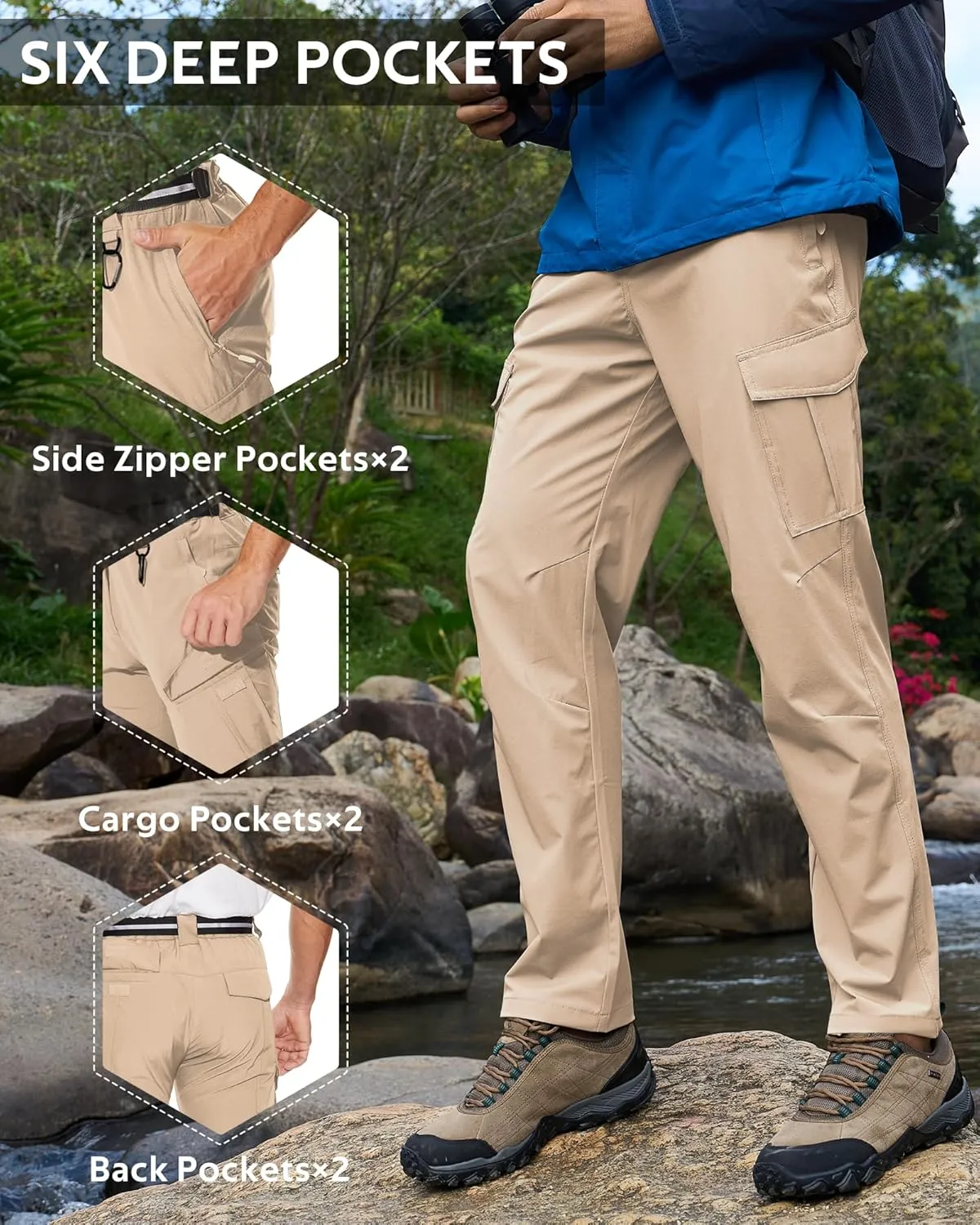 MOURCE Men's Hiking Pants Outdoor Water Resistant Flex Ripstop Cargo Pants Quick Dry Lightweight Fit Pants 6 Pockets and Belt