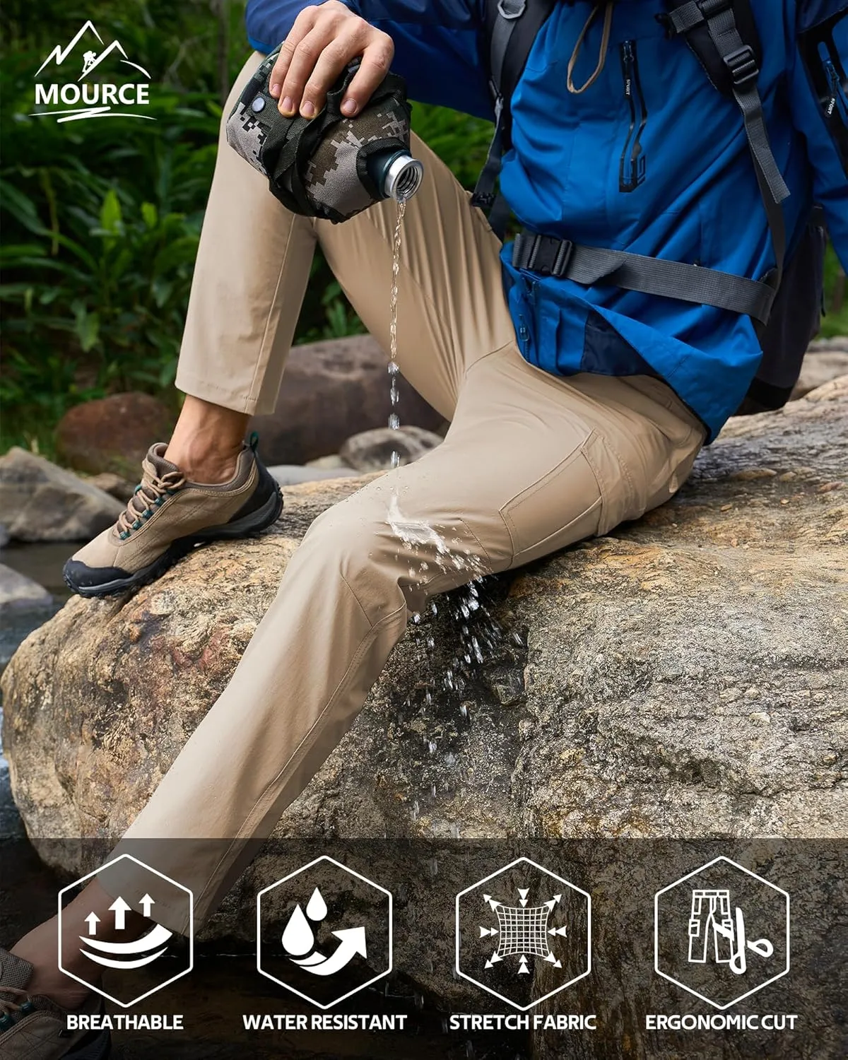 MOURCE Men's Hiking Pants Outdoor Water Resistant Flex Ripstop Cargo Pants Quick Dry Lightweight Fit Pants 6 Pockets and Belt