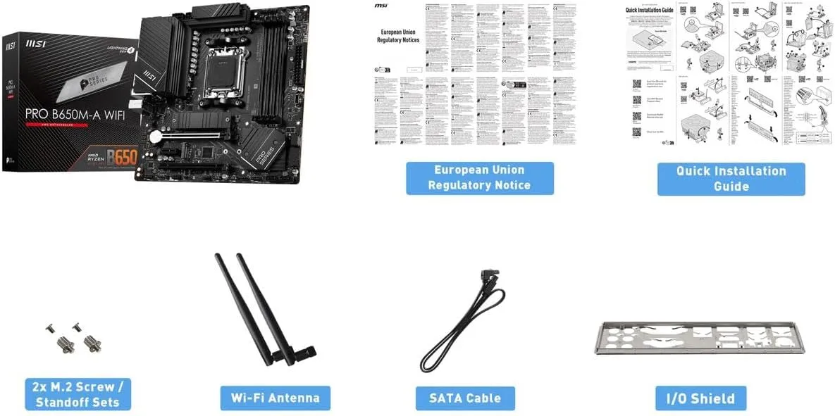 MSI PRO B650M-A WiFi ProSeries Motherboard (AMD Ryzen 9000/8000/7000 Series Processors, AM5, DDR5, PCIe 4.0, M.2, SATA 6Gb/s, USB 3.2 Gen 2, HDMI/DP, Wi-Fi 6E, Bluetooth 5.3, 2.5Gbps LAN, mATX)