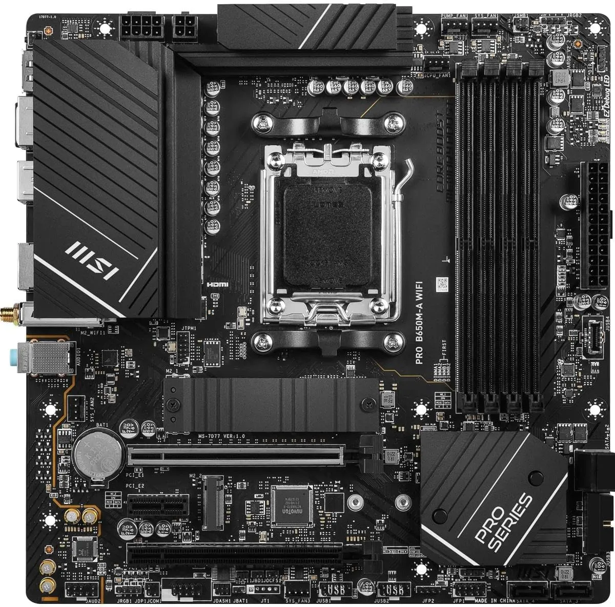 MSI PRO B650M-A WiFi ProSeries Motherboard (AMD Ryzen 9000/8000/7000 Series Processors, AM5, DDR5, PCIe 4.0, M.2, SATA 6Gb/s, USB 3.2 Gen 2, HDMI/DP, Wi-Fi 6E, Bluetooth 5.3, 2.5Gbps LAN, mATX)