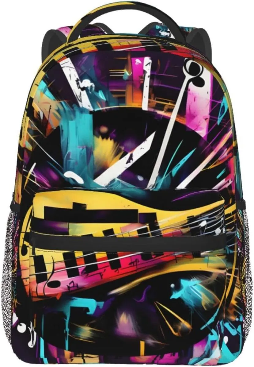 Music Graffiti Style Print Laptop Backpack Stylish Bookbag College Daypack Travel Business Work Bag For Men Women