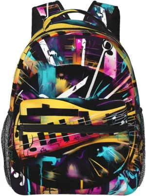 Music Graffiti Style Print Laptop Backpack Stylish Bookbag College Daypack Travel Business Work Bag For Men Women