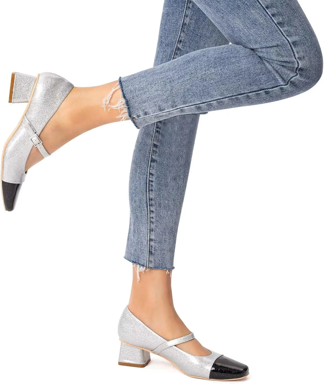 MUSSHOE Mary Jane Shoes Low Heel Women's Pumps Chunky Block Heel Comfortable Dress Shoes Square Cap Toe Adjustable Strap
