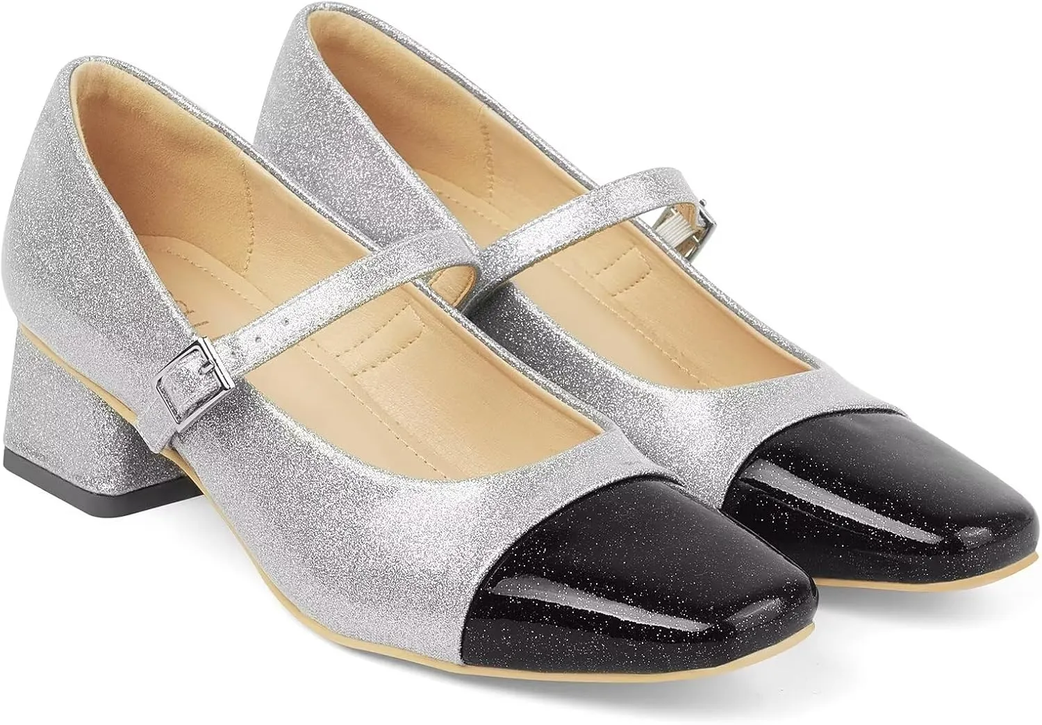 MUSSHOE Mary Jane Shoes Low Heel Women's Pumps Chunky Block Heel Comfortable Dress Shoes Square Cap Toe Adjustable Strap