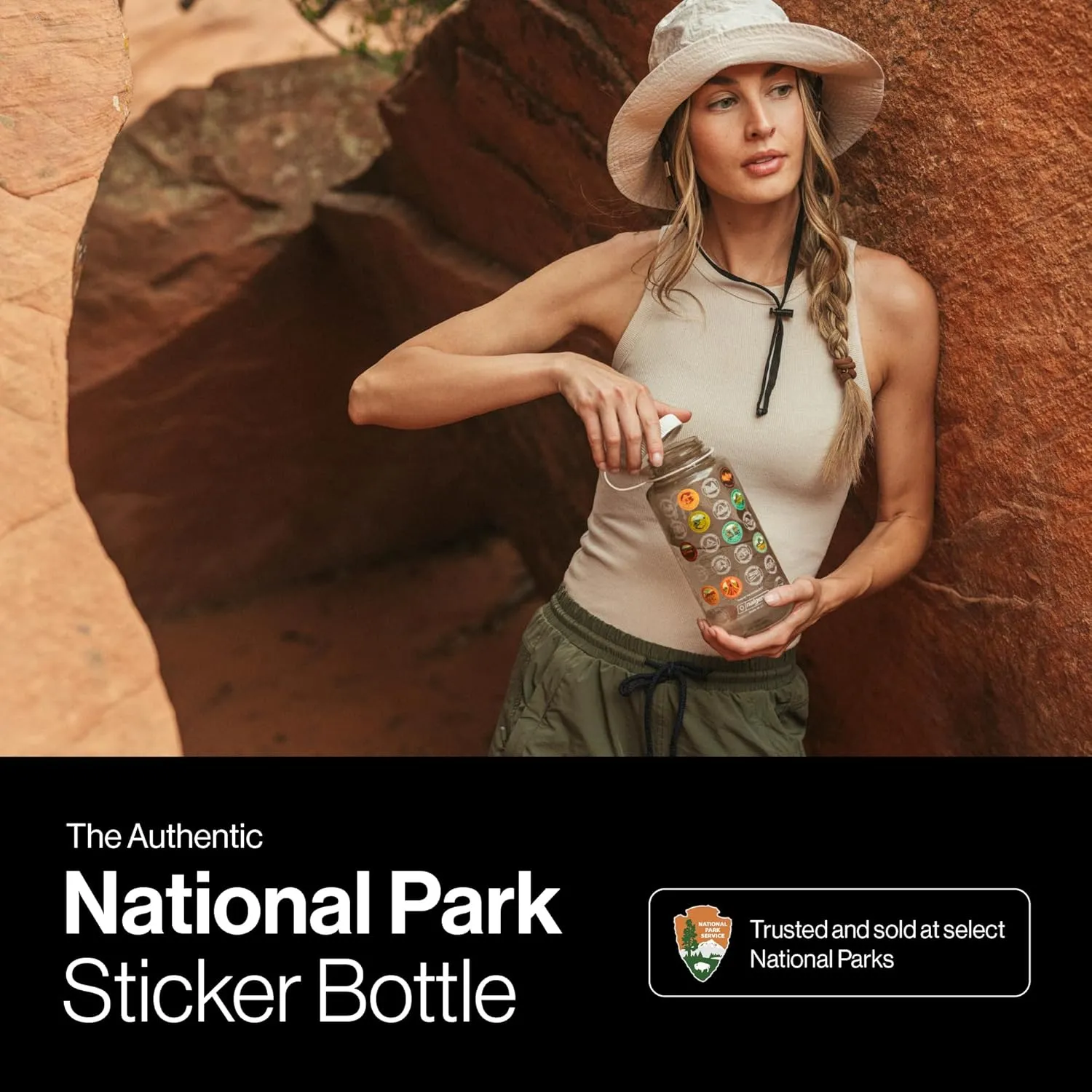 National Parks Plastic Water Bottle with Waterproof Stickers Kit, Light Weight and Wide Mouth Lid 32oz