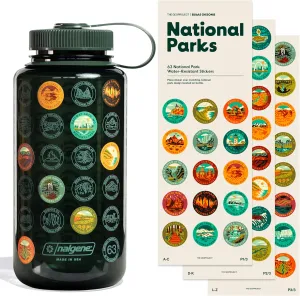 National Parks Plastic Water Bottle with Waterproof Stickers Kit, Light Weight and Wide Mouth Lid 32oz