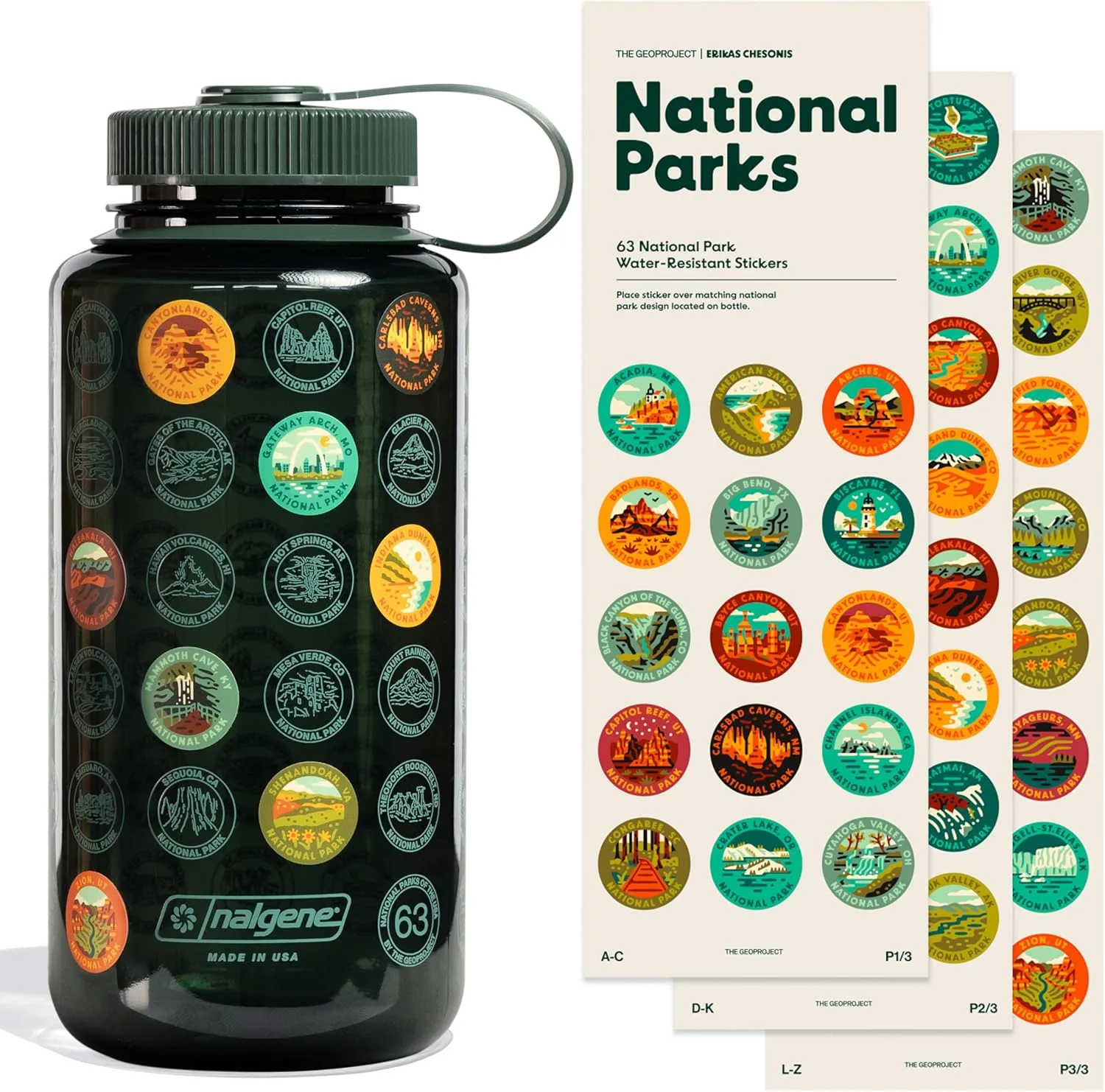 National Parks Plastic Water Bottle with Waterproof Stickers Kit, Light Weight and Wide Mouth Lid 32oz