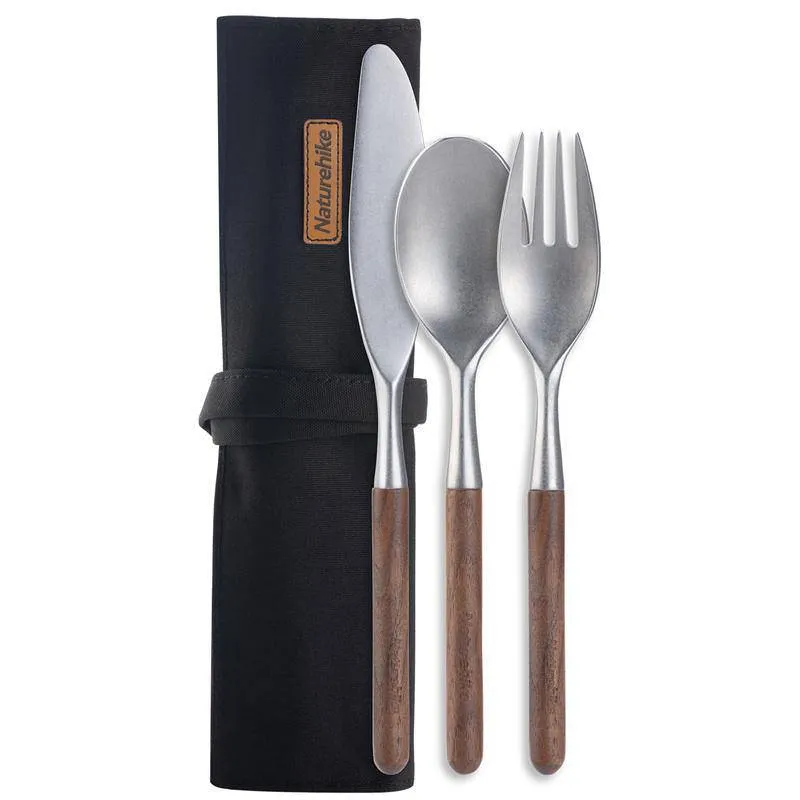 Naturehike Outdoor Stainless Steel Wooden Knife Fork Spoon Dinnerware Set