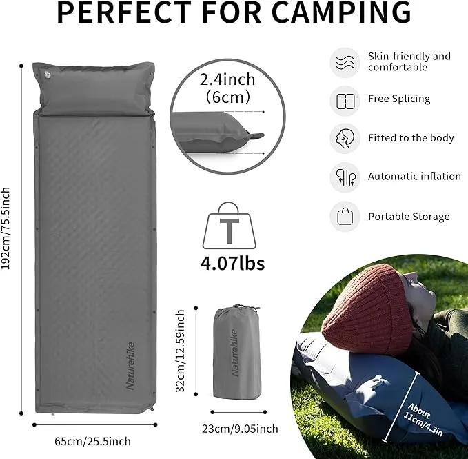 Naturehike Sleeping Pad, 2.4 inch Thick Self Inflating Sleeping Pad for Camping, Durable Camping Mattress Connectable with Multiple, Lightweight Sleeping Mats for Backpacking, Tent, Hammock, Hiking