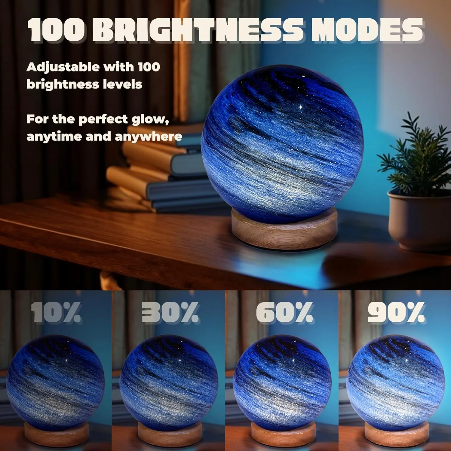 Neptune Blue Planet Night Light Glass Bedside with Wooden Base 3 Modes - Dimmable Swirl Planet Table Lamp for Bedroom Nightstand, Desk Lamp for Living Room, Office, Kids Room, Nursery