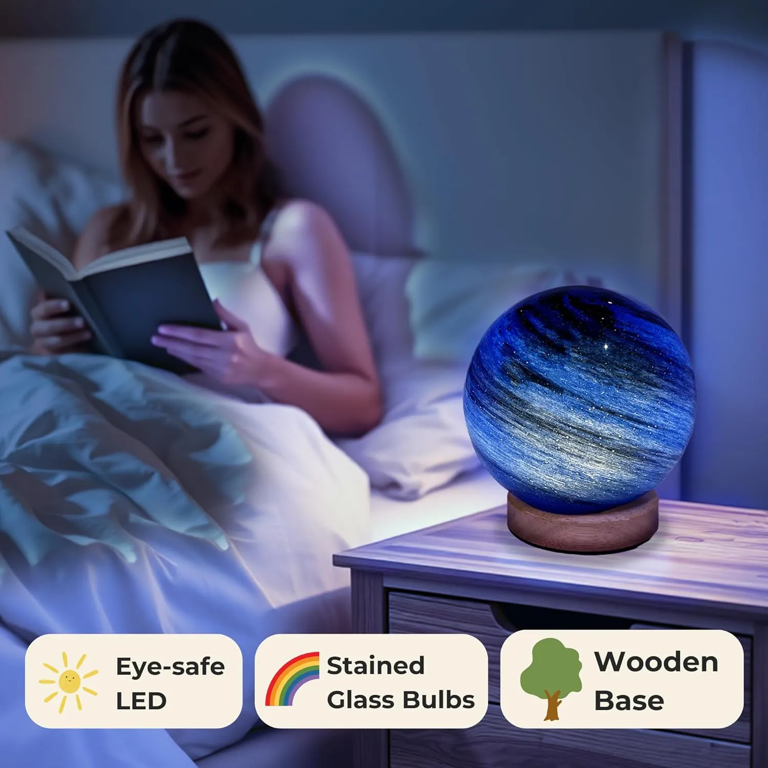 Neptune Blue Planet Night Light Glass Bedside with Wooden Base 3 Modes - Dimmable Swirl Planet Table Lamp for Bedroom Nightstand, Desk Lamp for Living Room, Office, Kids Room, Nursery