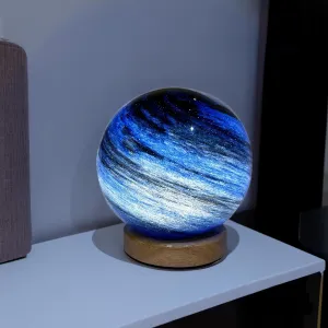 Neptune Blue Planet Night Light Glass Bedside with Wooden Base 3 Modes - Dimmable Swirl Planet Table Lamp for Bedroom Nightstand, Desk Lamp for Living Room, Office, Kids Room, Nursery