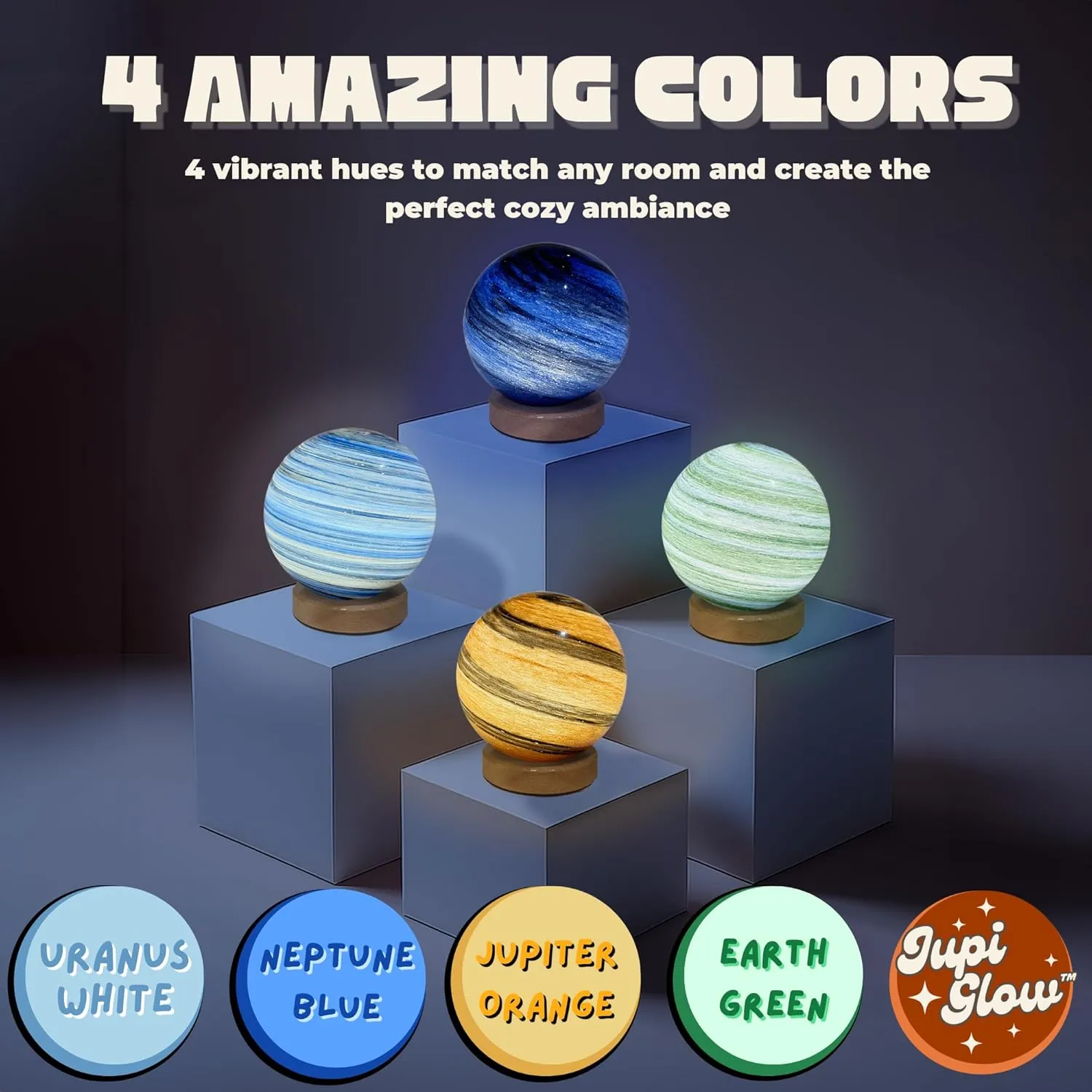 Neptune Blue Planet Night Light Glass Bedside with Wooden Base 3 Modes - Dimmable Swirl Planet Table Lamp for Bedroom Nightstand, Desk Lamp for Living Room, Office, Kids Room, Nursery