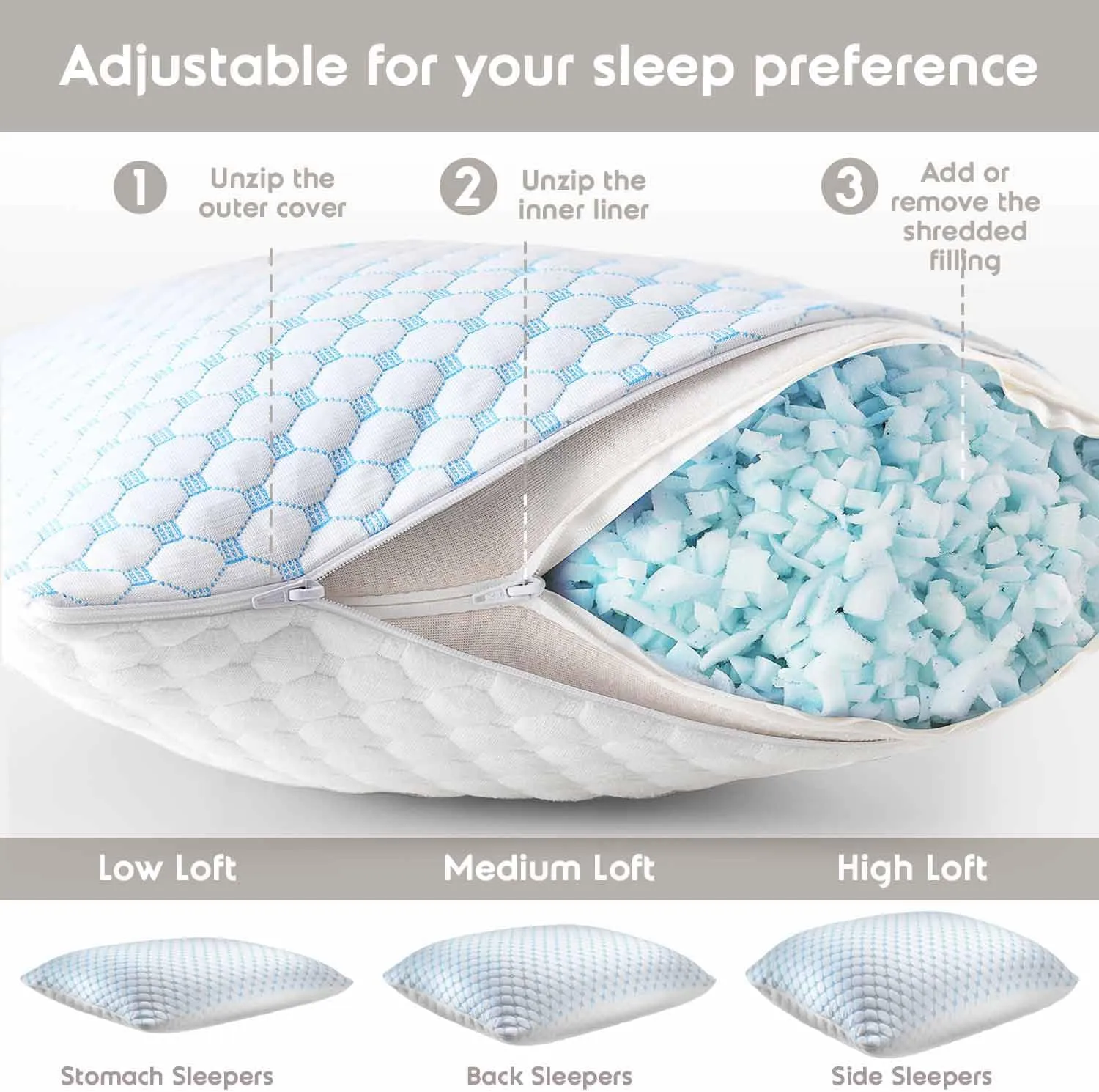 Nestl Cooling Body Pillow for Sleeping 1 Pack, Luxury Shredded Memory Foam Body Pillows, Adjustable Cold Gel Pillows for Hot Sleepers, Supportive Long Pillow for Bed Side Back Stomach Sleepers