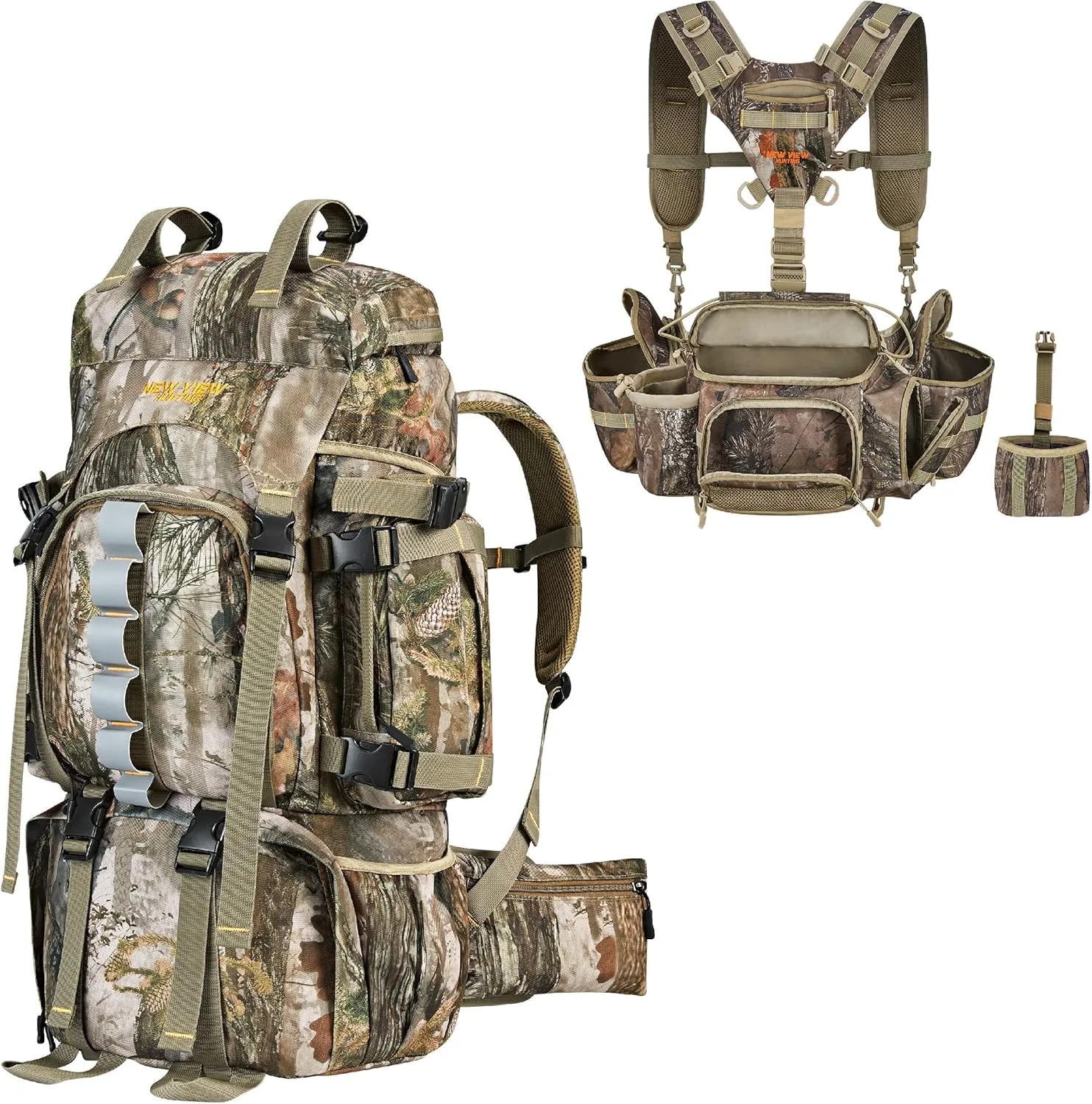 NEW VIEW 60L Hunting Backpack with Waterproof Rain Cover & Hunting Fanny Waist Pack for Men