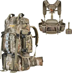 NEW VIEW 60L Hunting Backpack with Waterproof Rain Cover & Hunting Fanny Waist Pack for Men