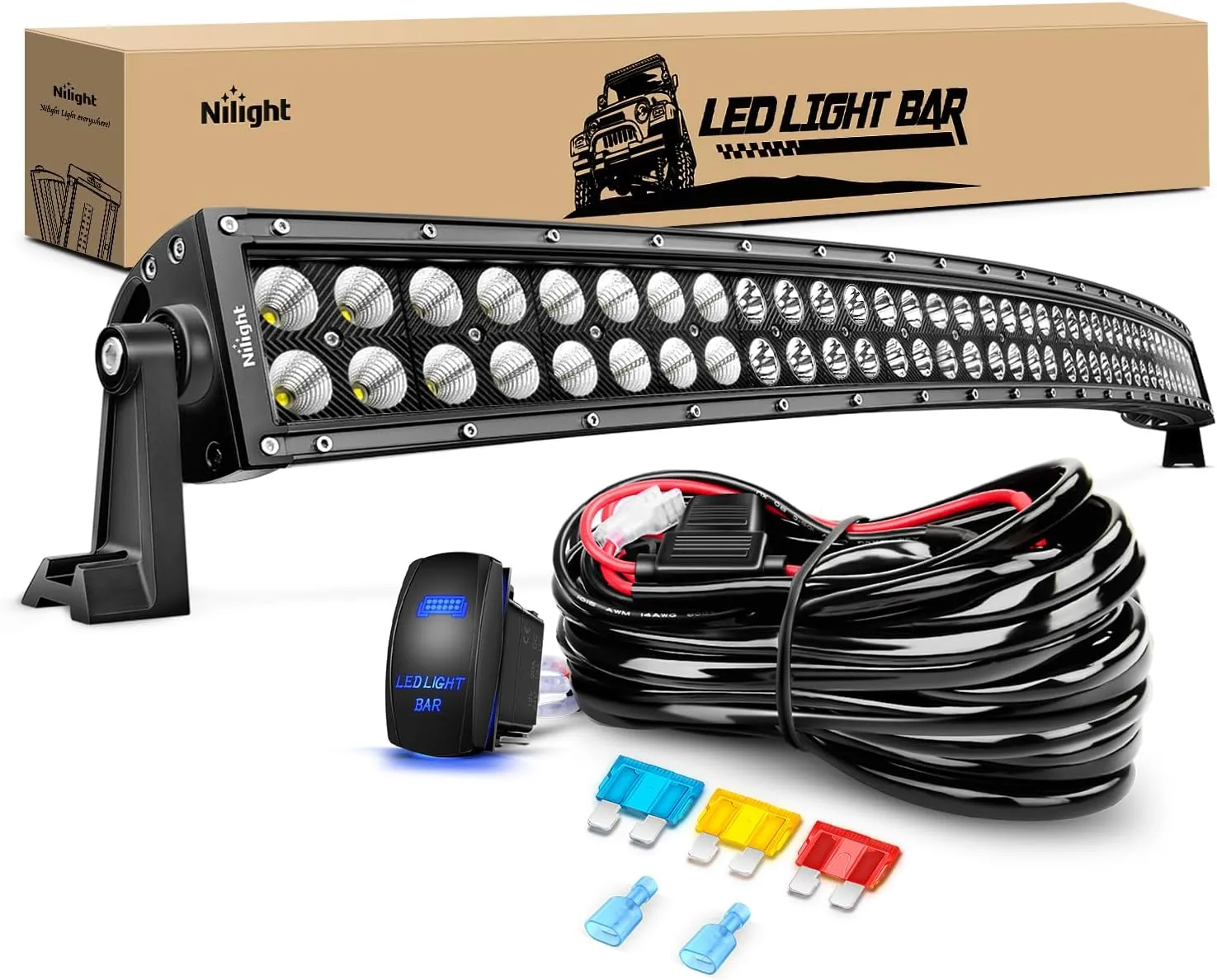 Nilight ZH119 54Inch 54 Inch 312W Curved Spot Flood Combo Bar LED Off Road Driving Light and 1PC 14AWG 12V 5Pin Rocker Switch Wiring Harness Kit-1 Lead, 2 Years Warranty