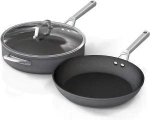 Ninja C33000 Foodi NeverStick Premium 3-Piece Cookware Set, 12-Inch Fry Pan, 5-Quart Sauté Pan with Glass Lid, Hard-Anodized, Nonstick, Durable & Oven Safe to 500°F, Slate Grey