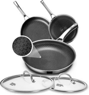 Non Stick Frying Pans Set with 2 Lid, Hybrid Pans Set Nonstick (8 10 12inch),Pan for cooking, PFOA Free Kitchen set, Dishwasher and Oven-Safe Cookware Sets, Stainless Steel Skillets