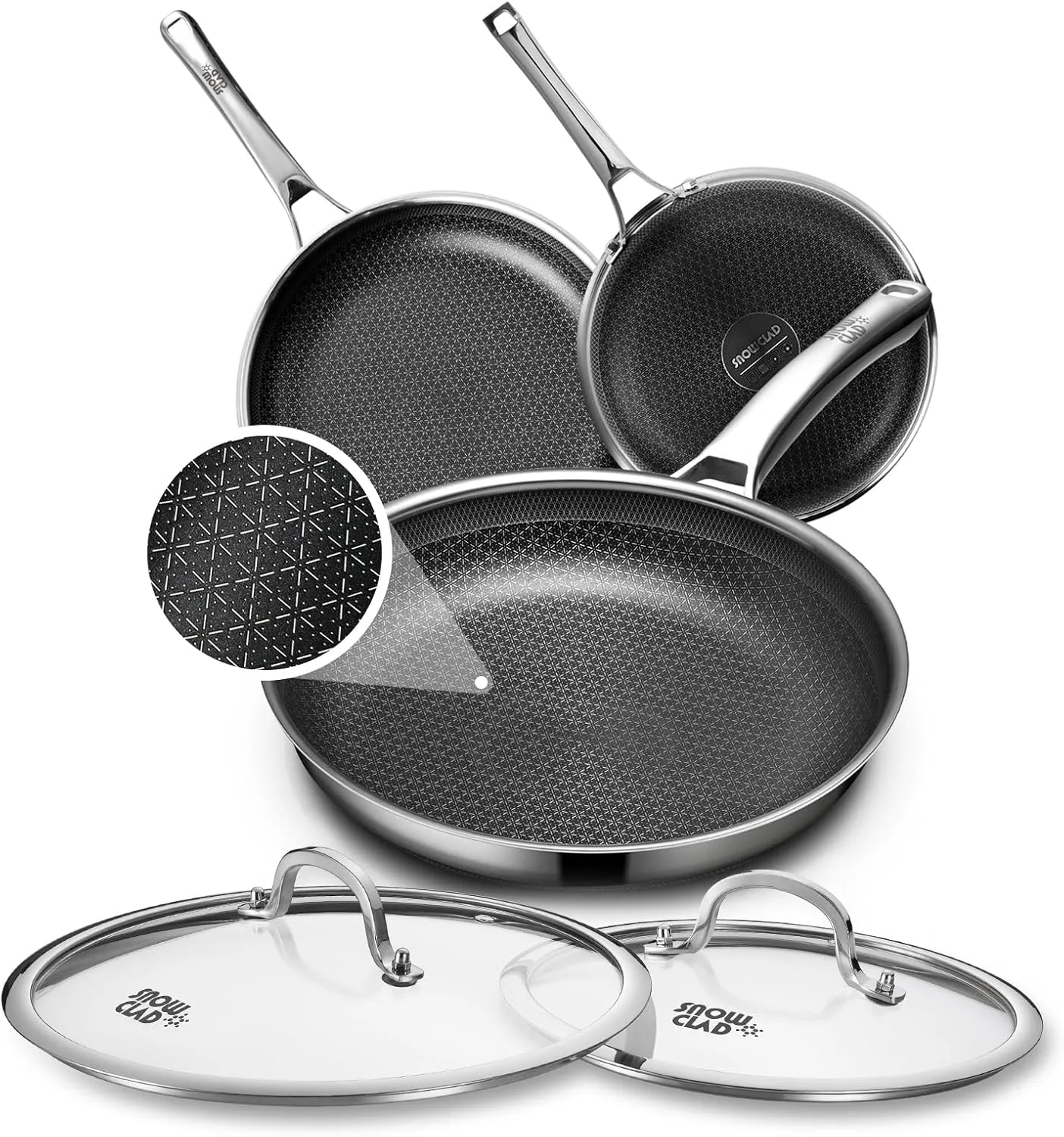 Non Stick Frying Pans Set with 2 Lid, Hybrid Pans Set Nonstick (8 10 12inch),Pan for cooking, PFOA Free Kitchen set, Dishwasher and Oven-Safe Cookware Sets, Stainless Steel Skillets