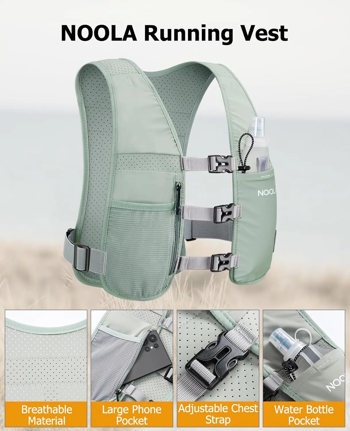NOOLA Running Vest for Men Women, Adjustable Running Hydration Vest with 500ml Soft Flask, Water Backpack with Phone Holder