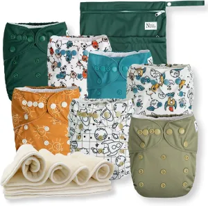 Nora's Nursery Cloth Diapers 7 Pack with 7 Inserts & 1 Wet Bag - Waterproof Cover, Washable, Reusable & One Size Adjustable Pocket Diapers for Newborns and Toddlers - Outer Space