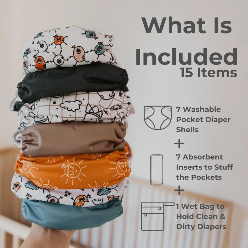 Nora's Nursery Cloth Diapers 7 Pack with 7 Inserts & 1 Wet Bag - Waterproof Cover, Washable, Reusable & One Size Adjustable Pocket Diapers for Newborns and Toddlers - Outer Space