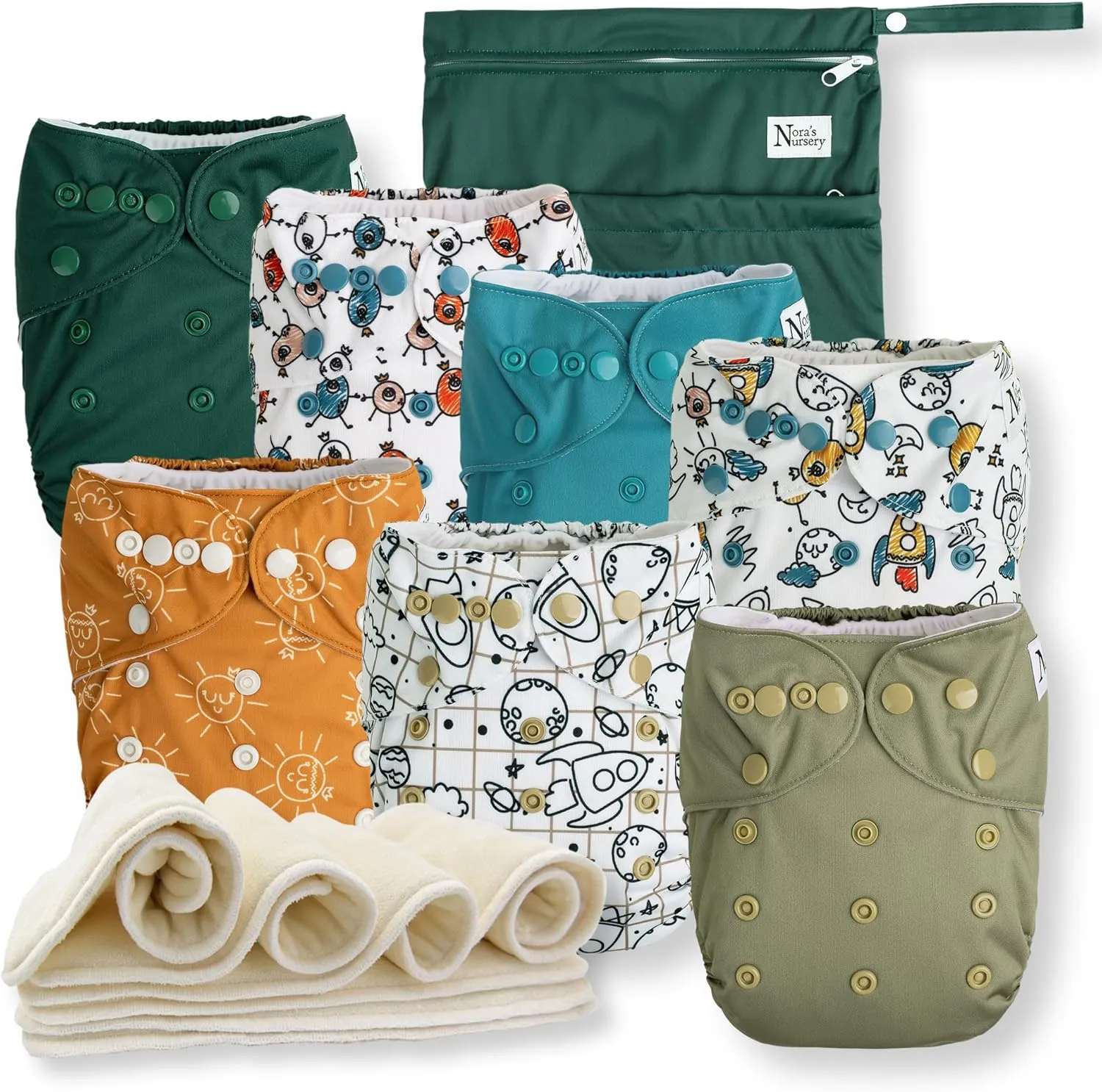 Nora's Nursery Cloth Diapers 7 Pack with 7 Inserts & 1 Wet Bag - Waterproof Cover, Washable, Reusable & One Size Adjustable Pocket Diapers for Newborns and Toddlers - Outer Space
