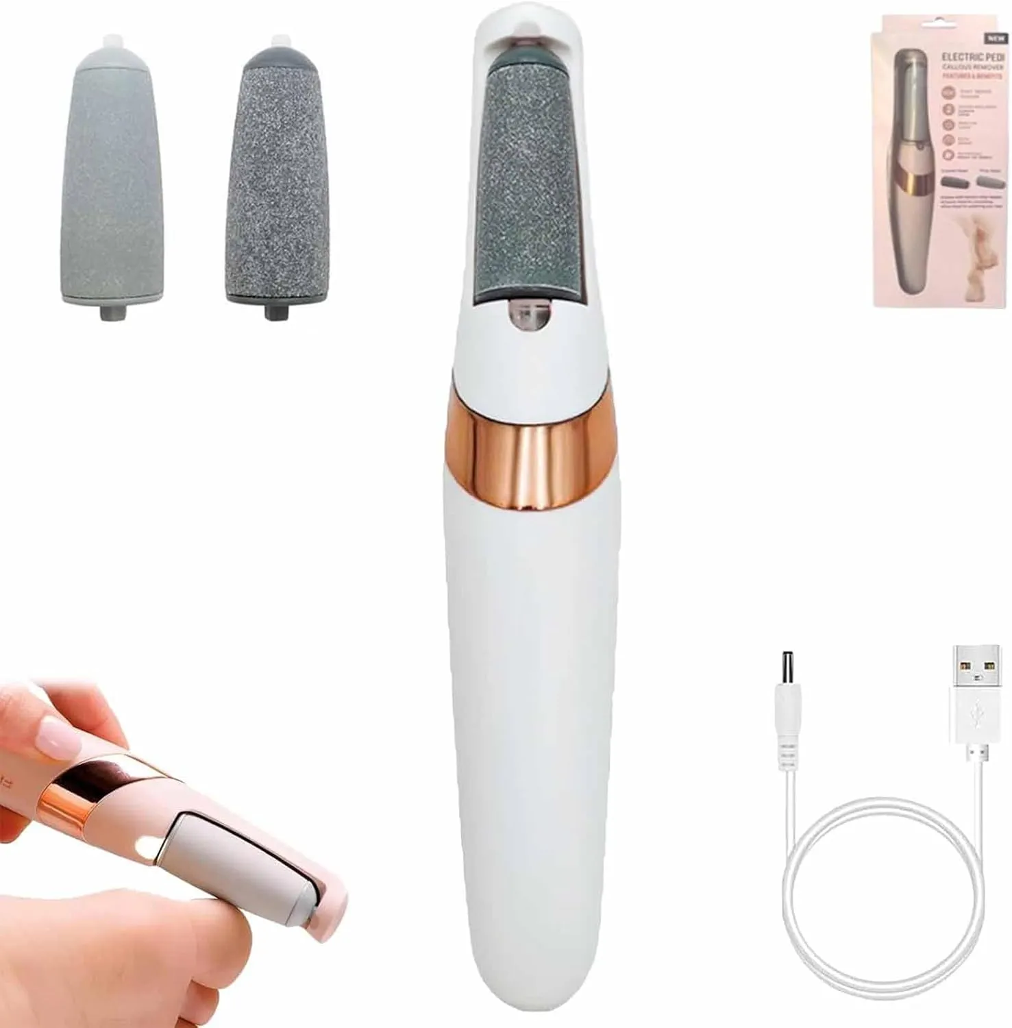 Novetek Electric Feet Callus Remover, Portable Waterproof Electric Foot File Callus Remover for Feet, Rechargeable Pedicure Tools Kit with 2 Rollers, Pedi Foots Care for Dead, Hard Cracked (White)