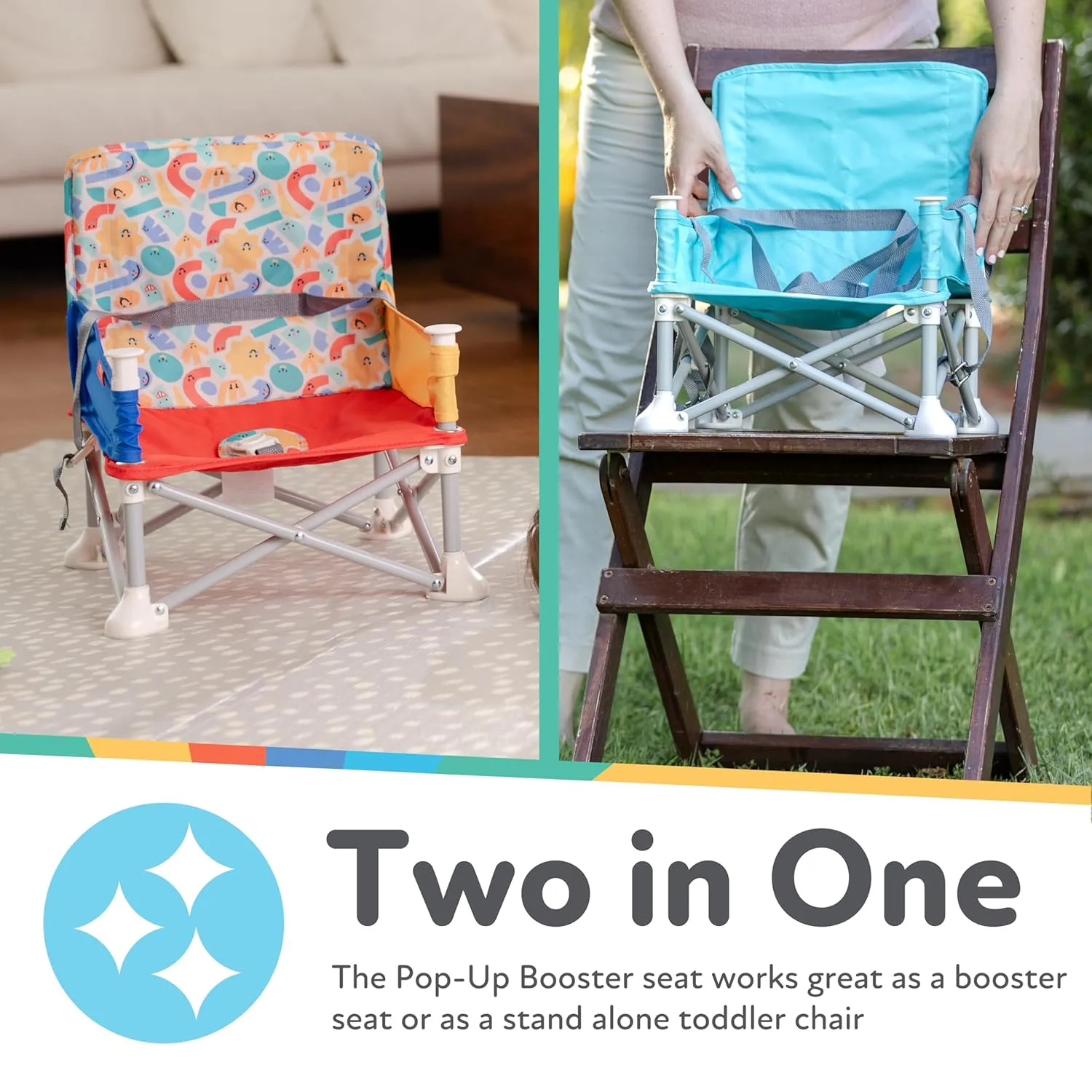 Nuby Easy Go Pop-Up Booster Seat with Removable Tray - 6  Months - Portable Booster Seat for Floor for Indoor/Outdoor Use - 3-Point Safety Adjustable Straps - Includes Travel Bag - Stripes