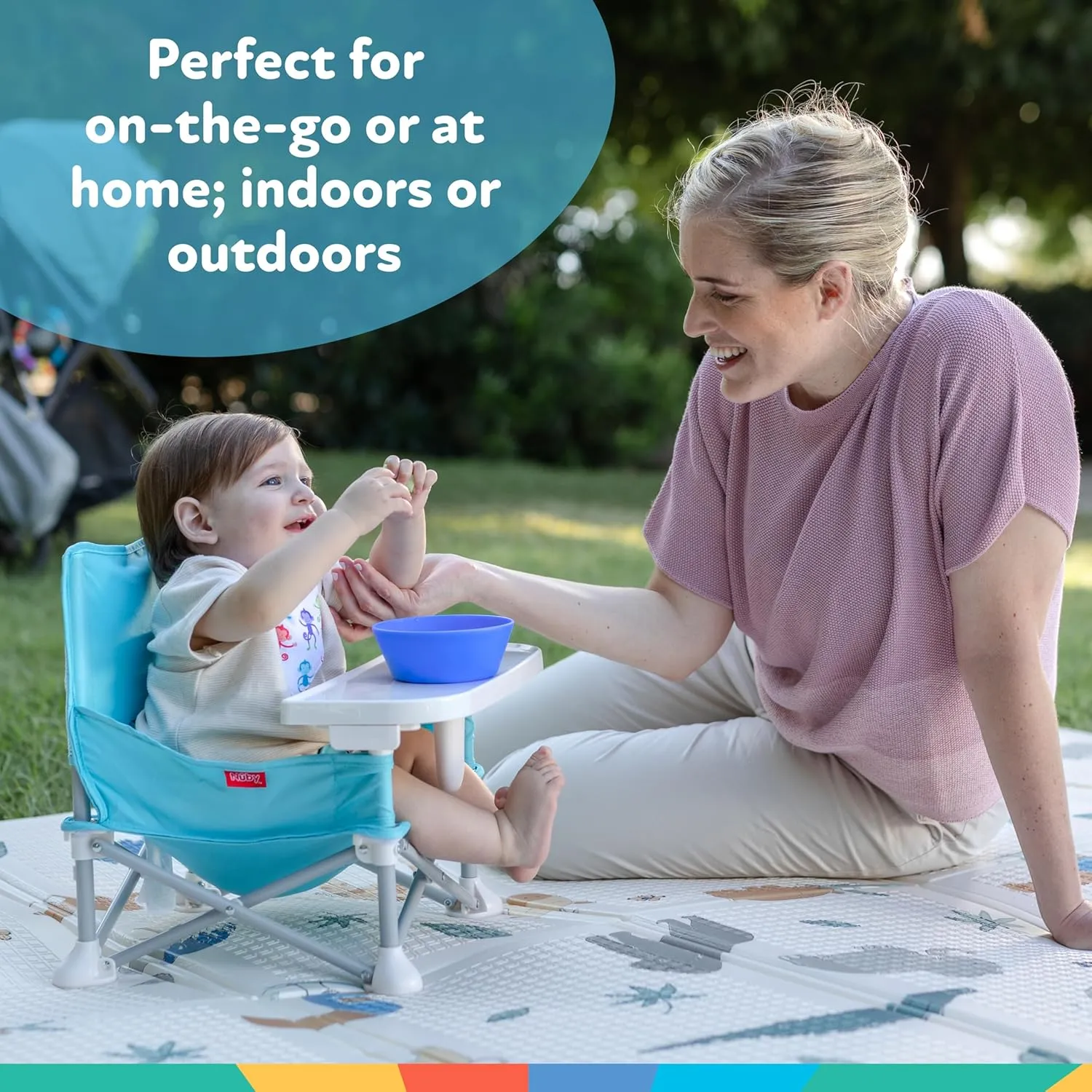 Nuby Easy Go Pop-Up Booster Seat with Removable Tray - 6  Months - Portable Booster Seat for Floor for Indoor/Outdoor Use - 3-Point Safety Adjustable Straps - Includes Travel Bag - Stripes