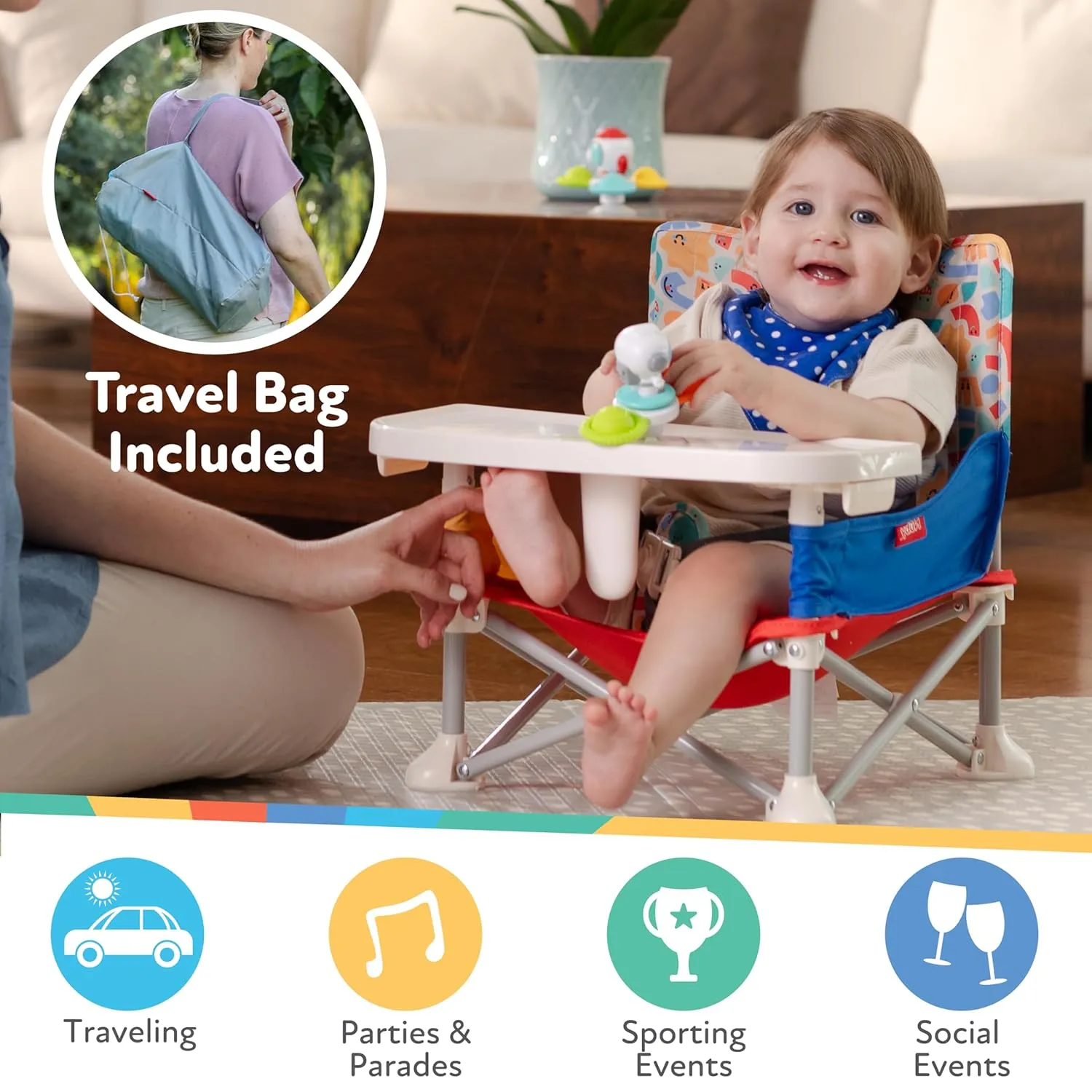 Nuby Easy Go Pop-Up Booster Seat with Removable Tray - 6  Months - Portable Booster Seat for Floor for Indoor/Outdoor Use - 3-Point Safety Adjustable Straps - Includes Travel Bag - Stripes