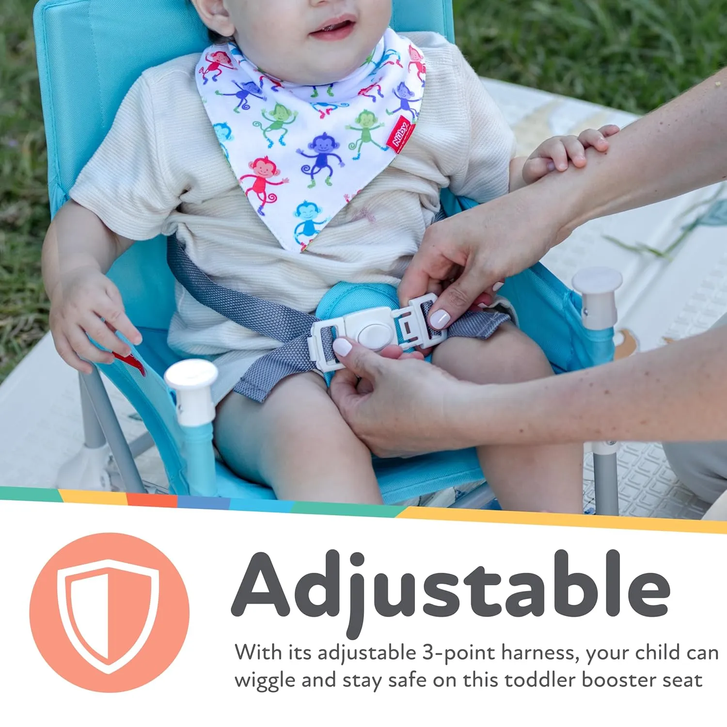 Nuby Easy Go Pop-Up Booster Seat with Removable Tray - 6  Months - Portable Booster Seat for Floor for Indoor/Outdoor Use - 3-Point Safety Adjustable Straps - Includes Travel Bag - Stripes