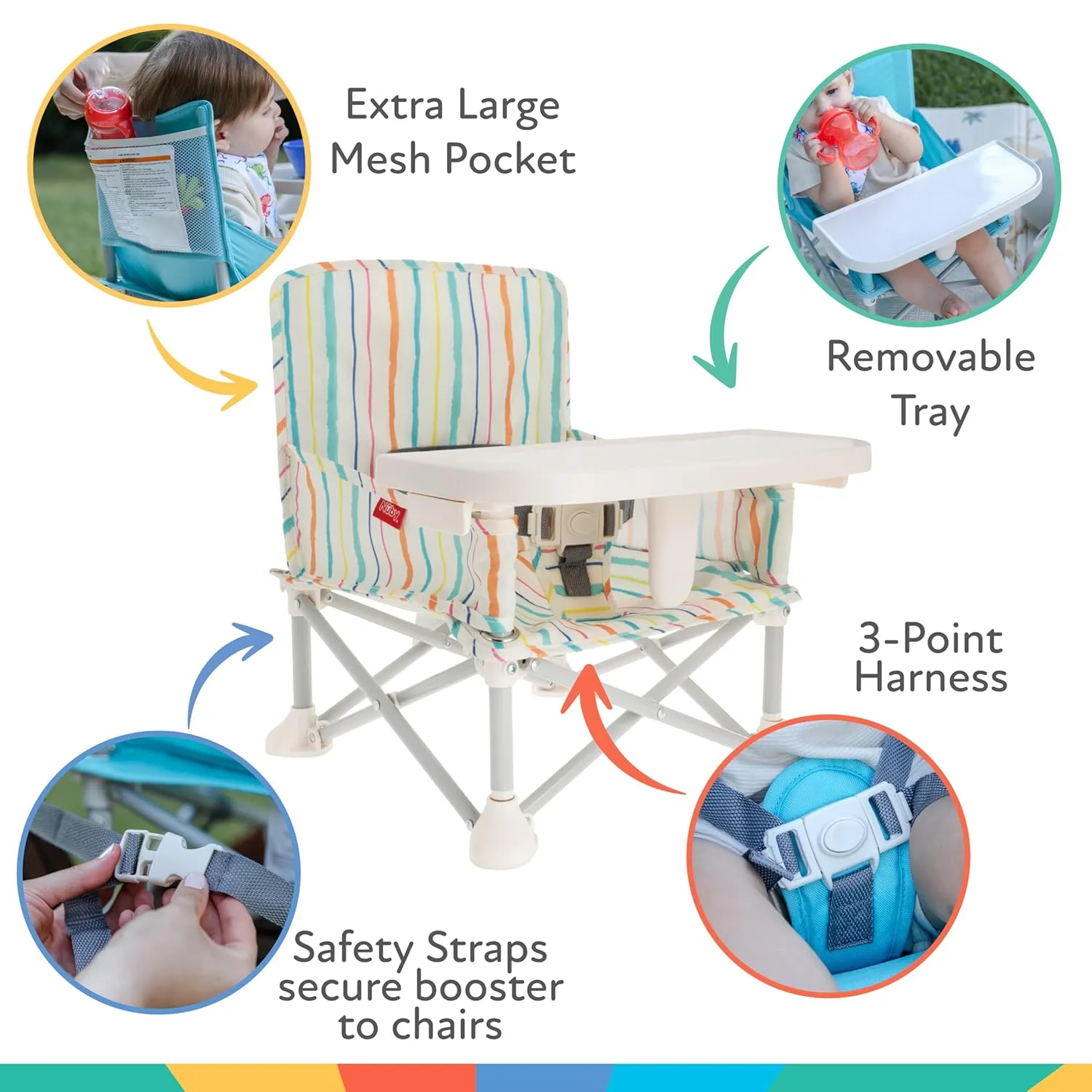 Nuby Easy Go Pop-Up Booster Seat with Removable Tray - 6  Months - Portable Booster Seat for Floor for Indoor/Outdoor Use - 3-Point Safety Adjustable Straps - Includes Travel Bag - Stripes